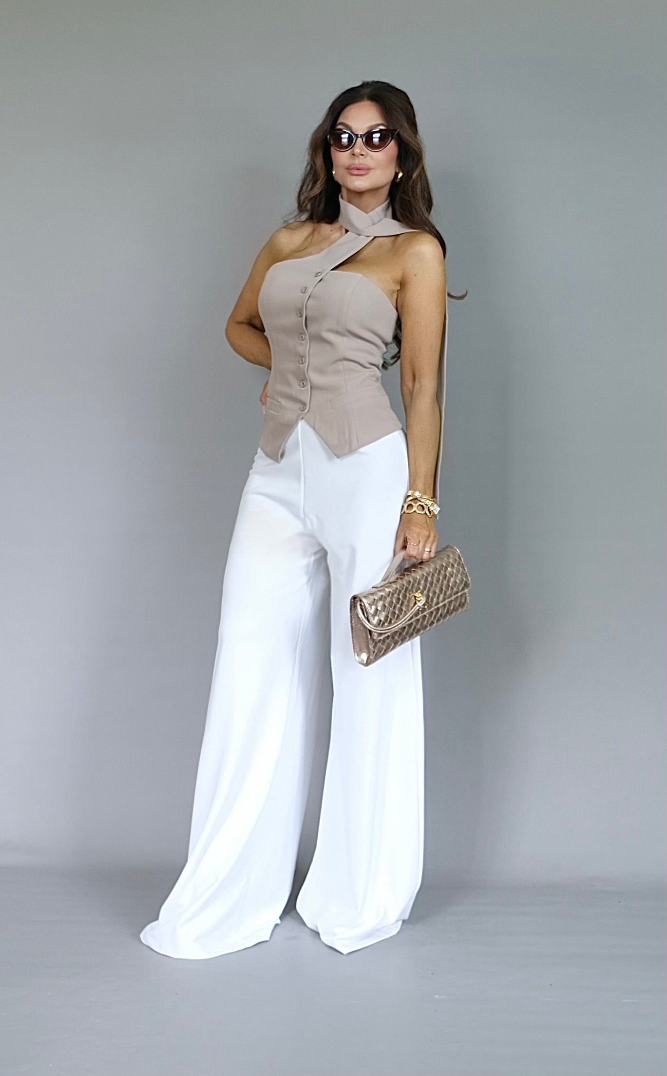Aruna taupe strapless button up vest with choker