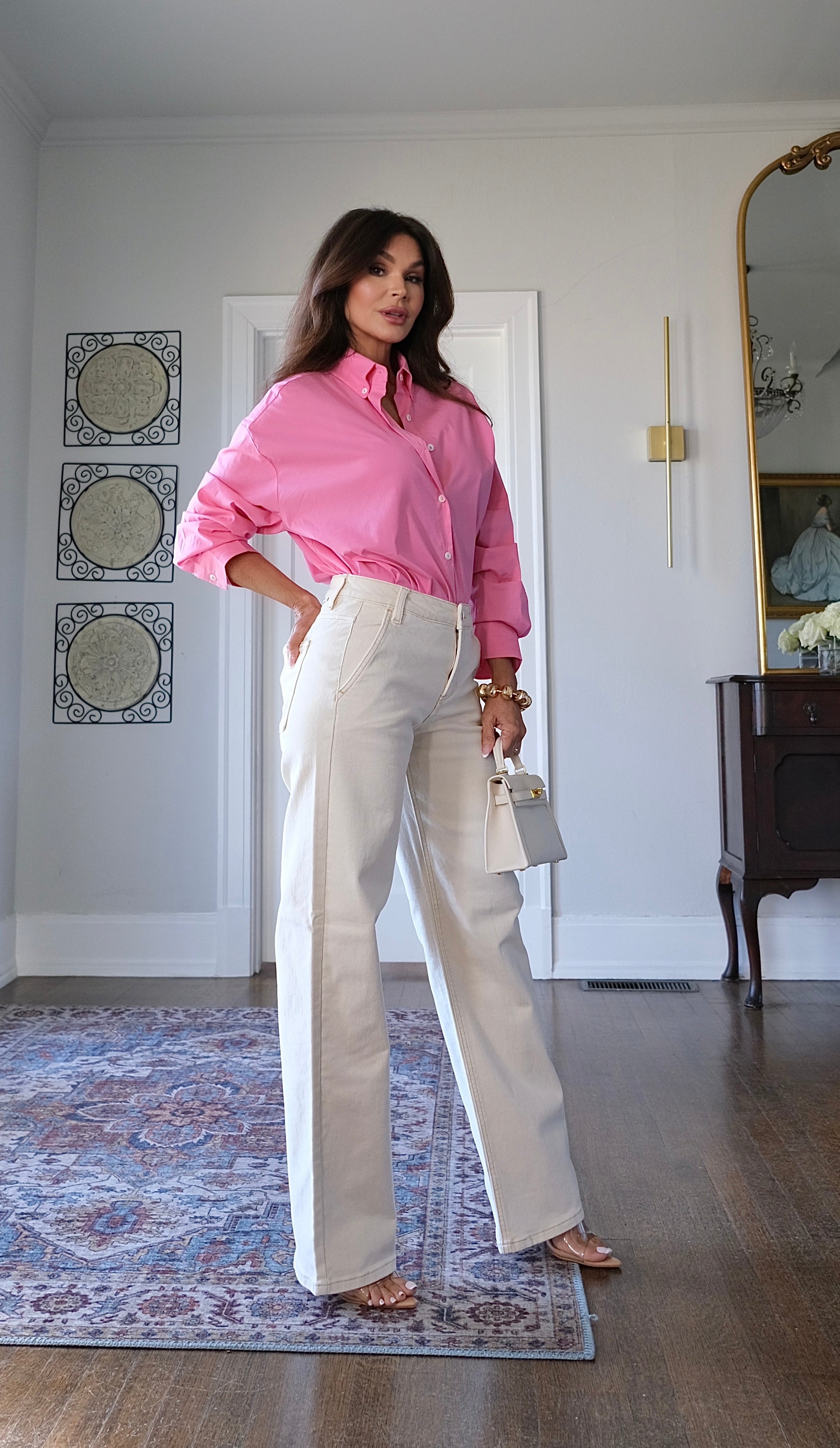 Wheatley cream mid rise wide leg pant with tan stitch