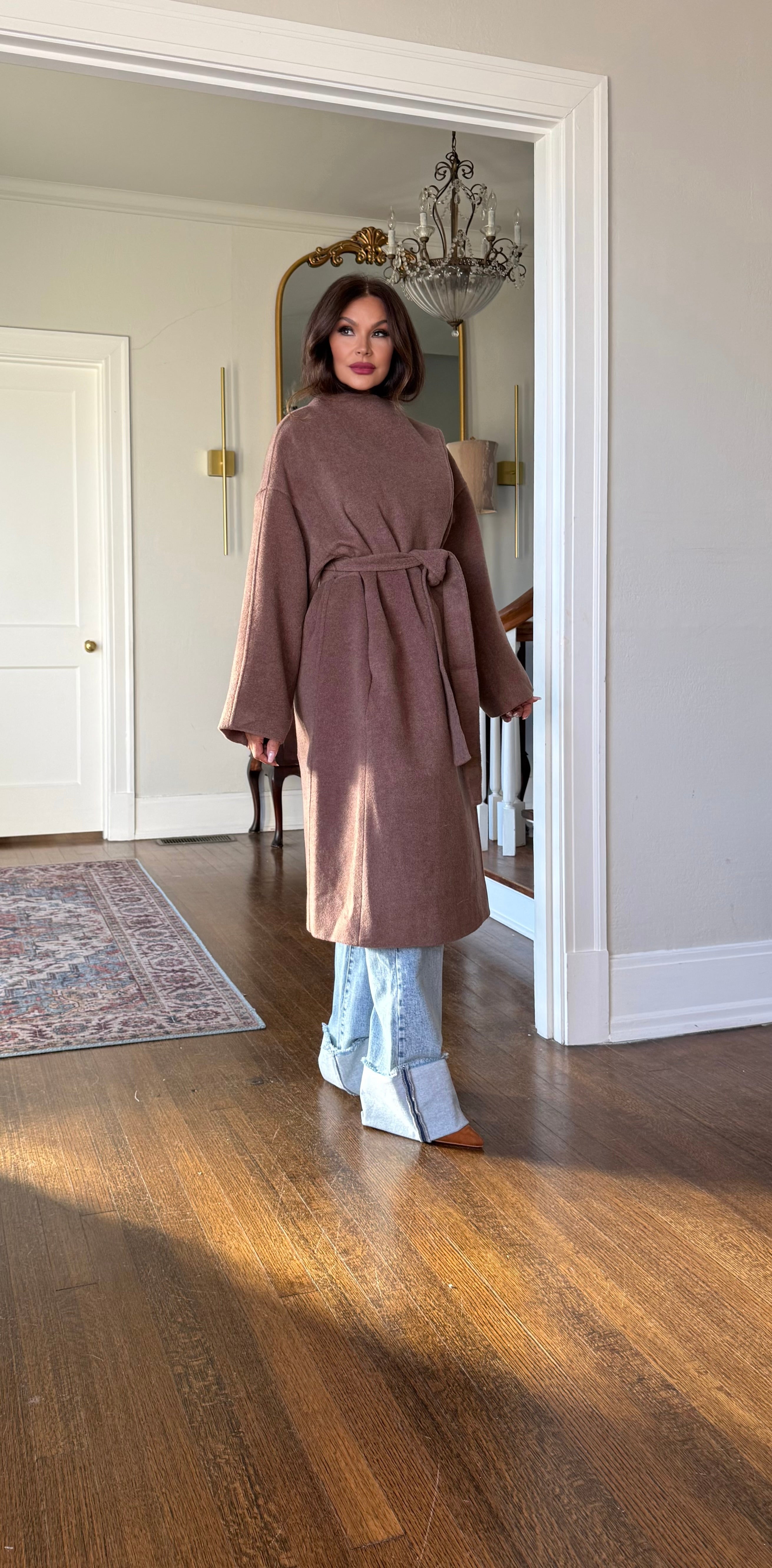 Lexi Drape Brown Front Drape Wool Trench Coat With Tie Belt