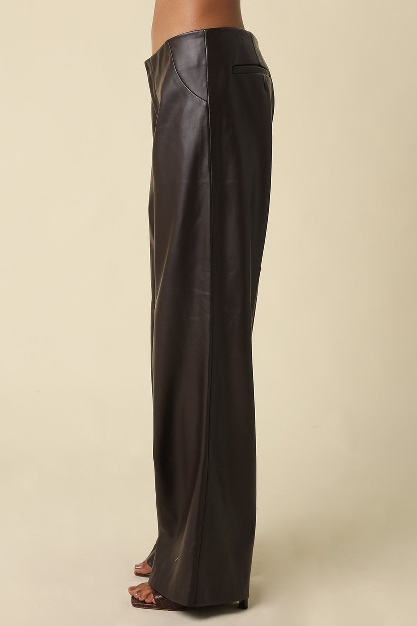 Cora Chocolate Brown Faux Leather Low Rise Wide Leg Pants