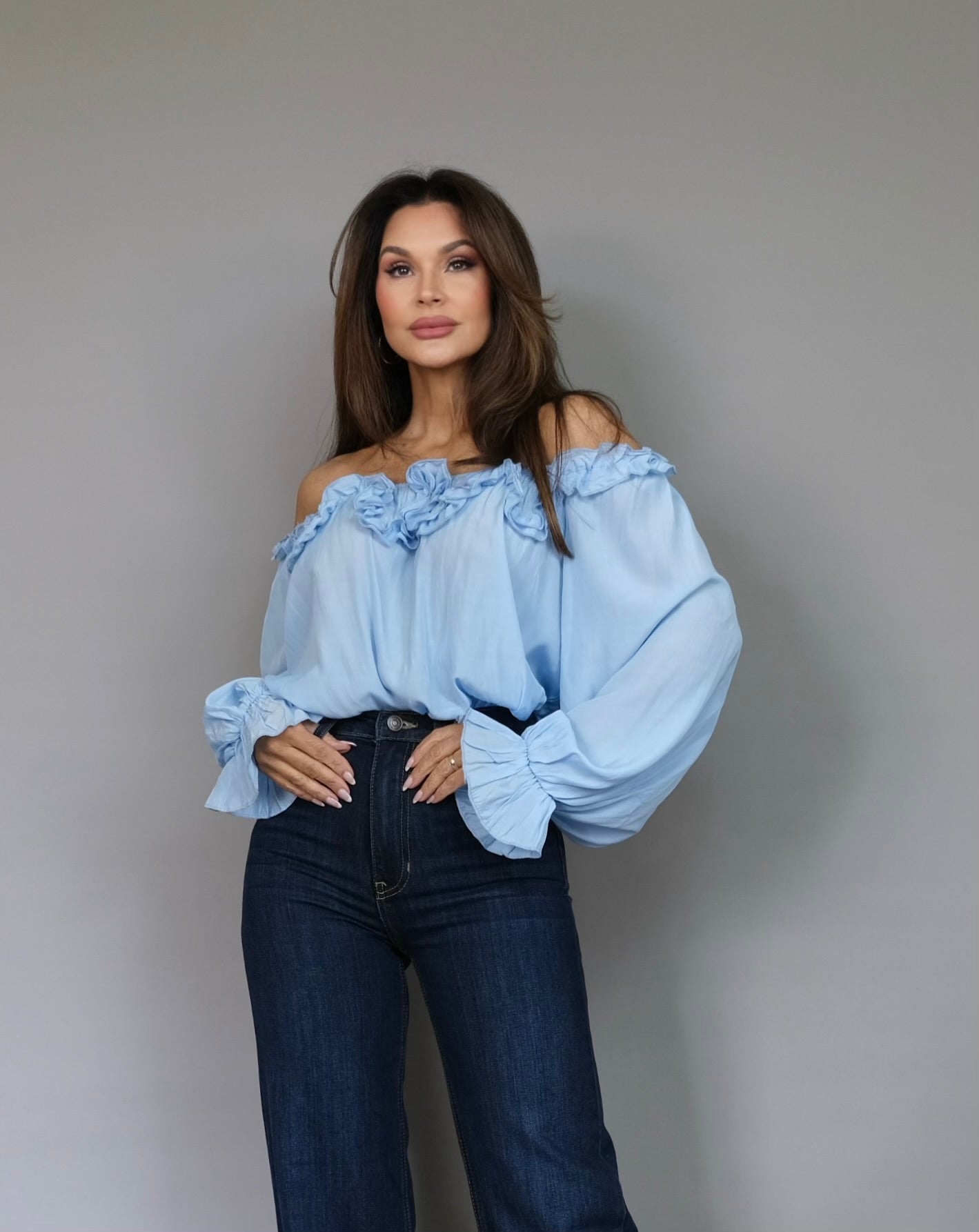 Jane blue off shoulder ruffle shirt
