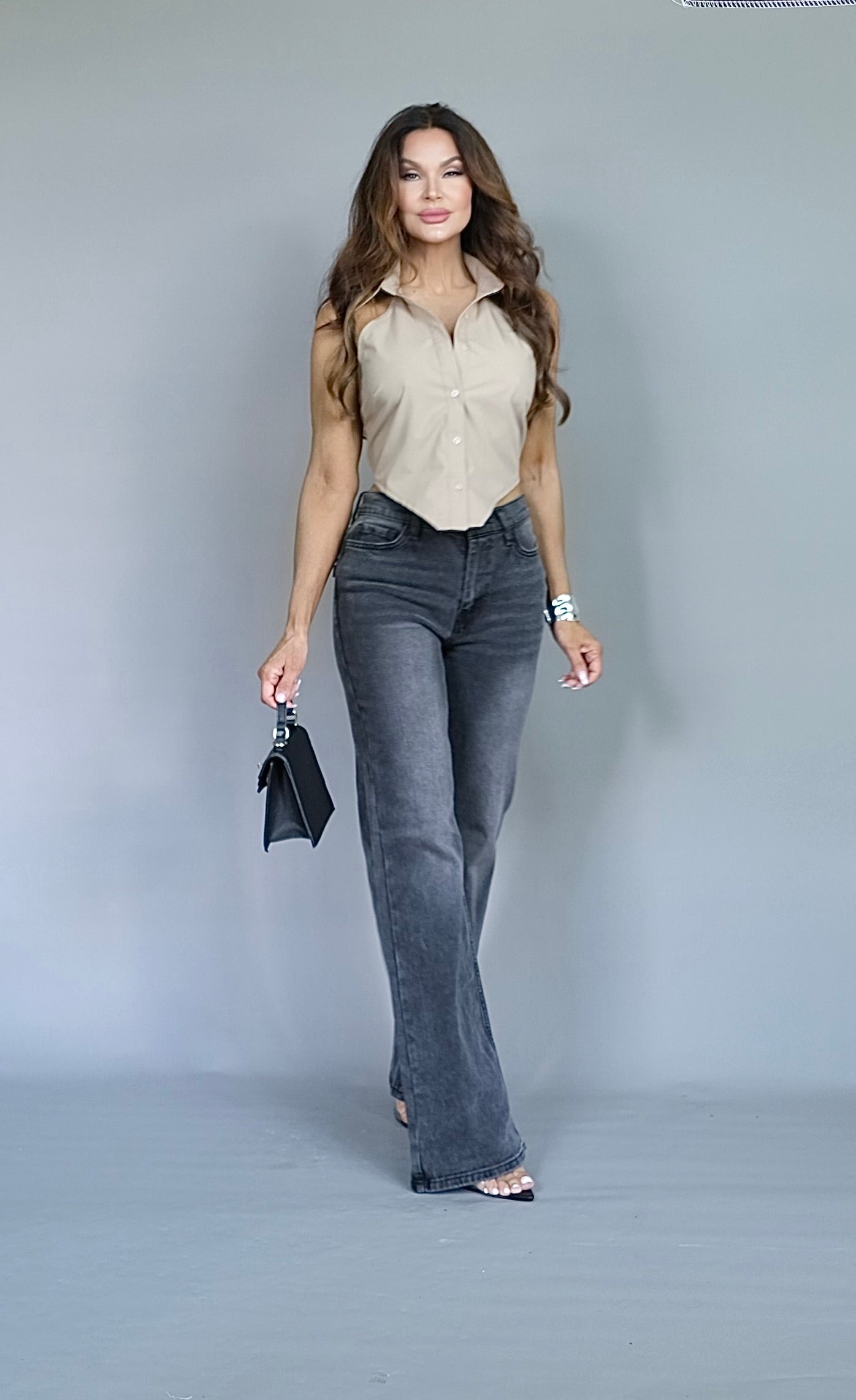 Connie dark stone open back halter collard button up shirt