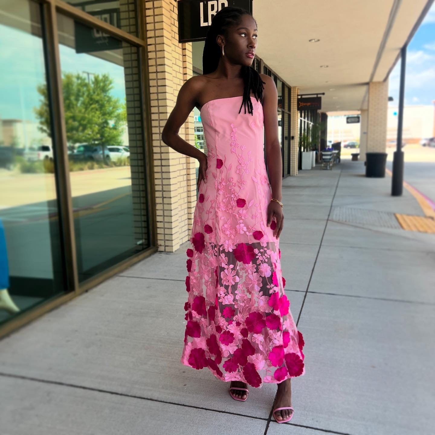 Phebe Pink Embroidered Floral Applique Midi Dress