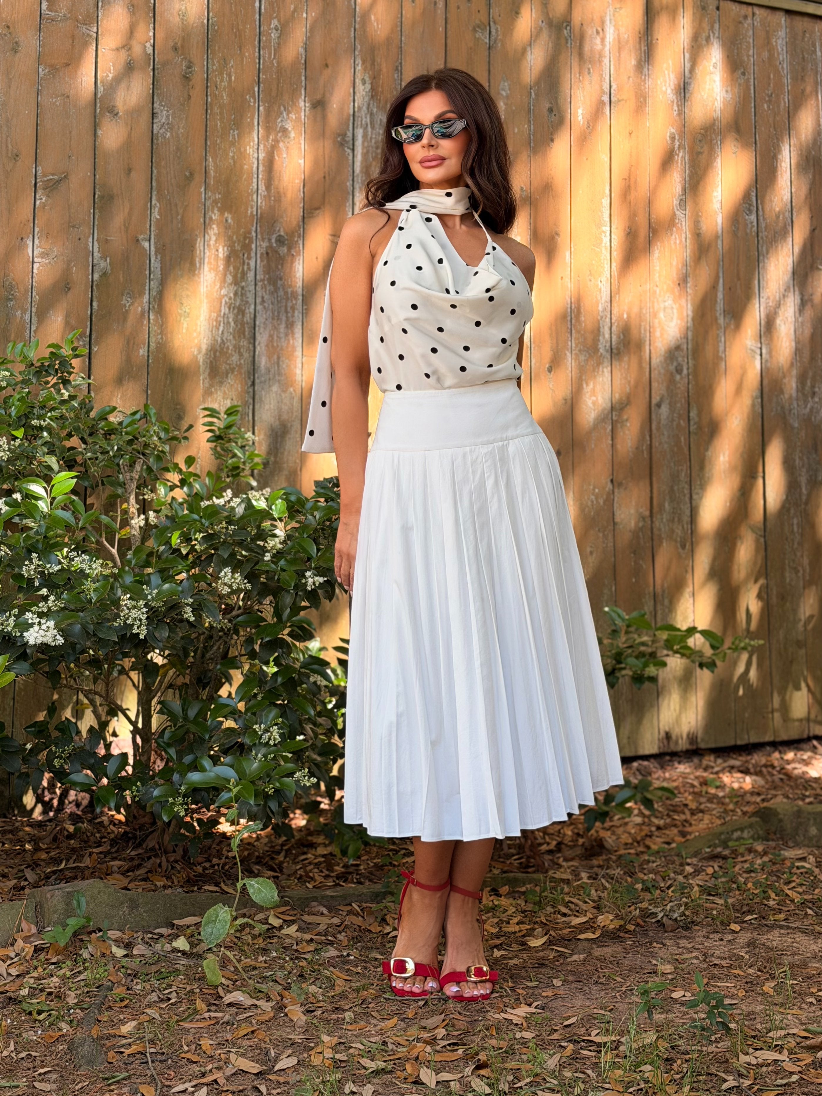Elaine White Pleated Midi Skirt