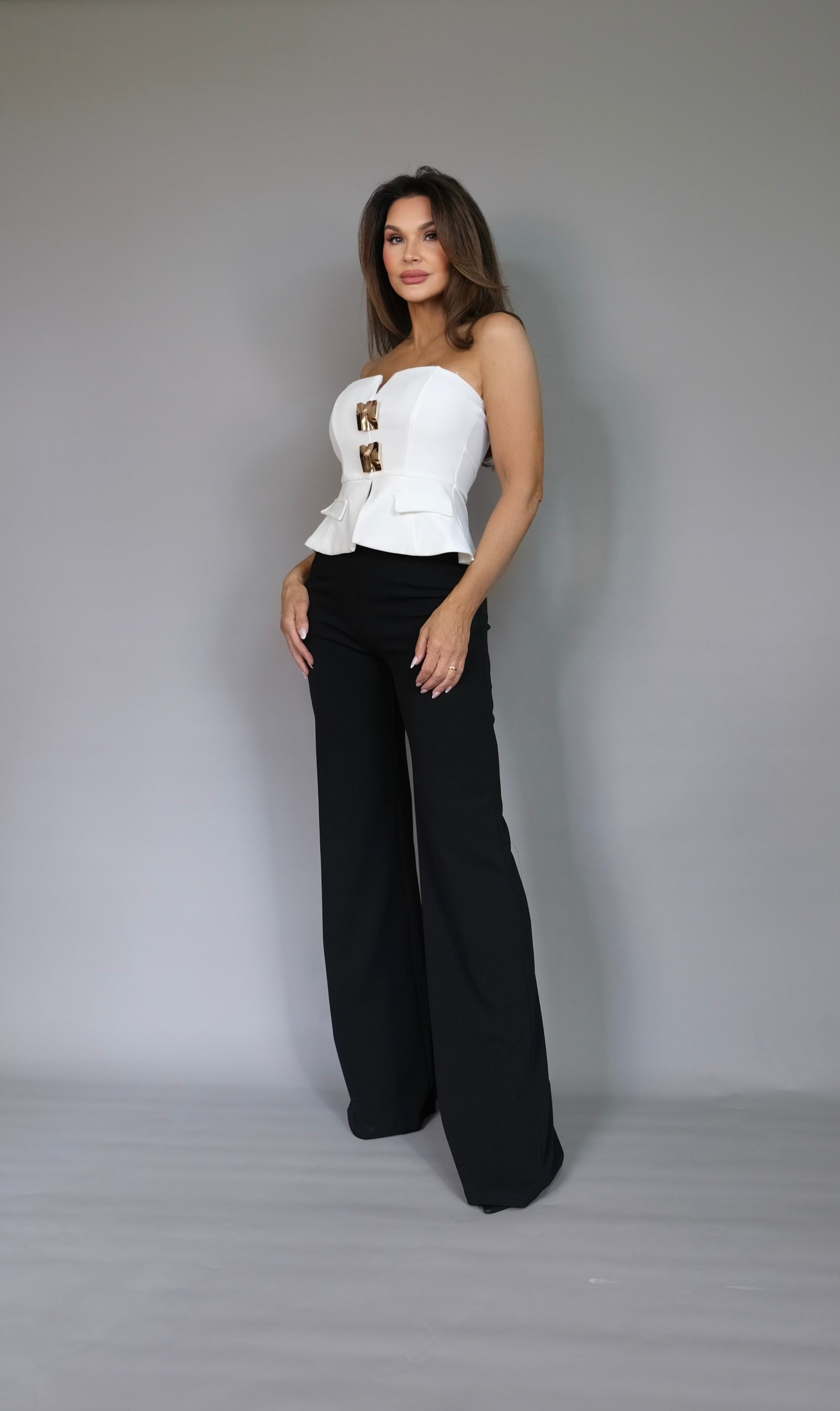 Jess white tube top with gold stamped buttons