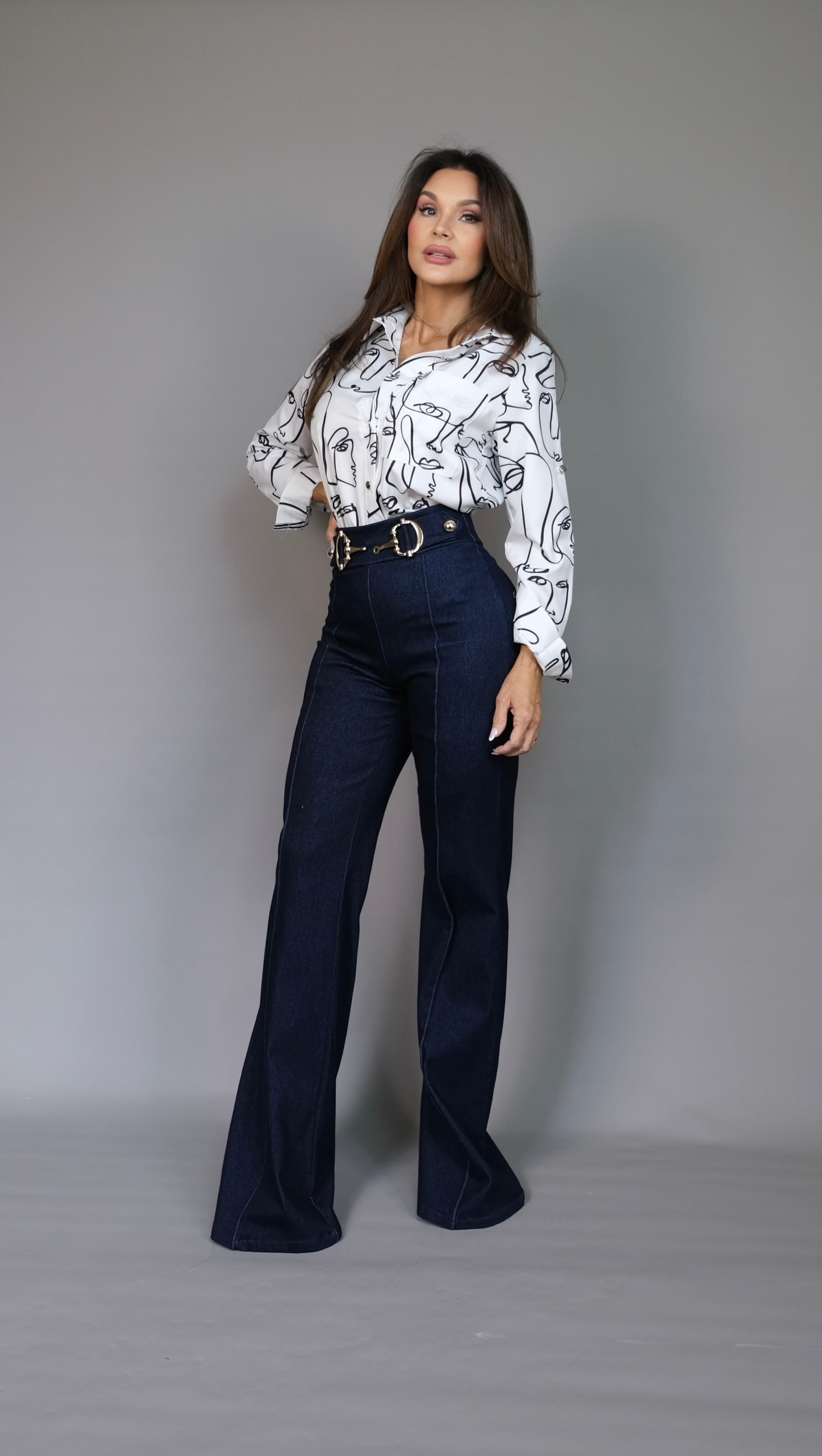 Kathleen dark denim flare with gold belt