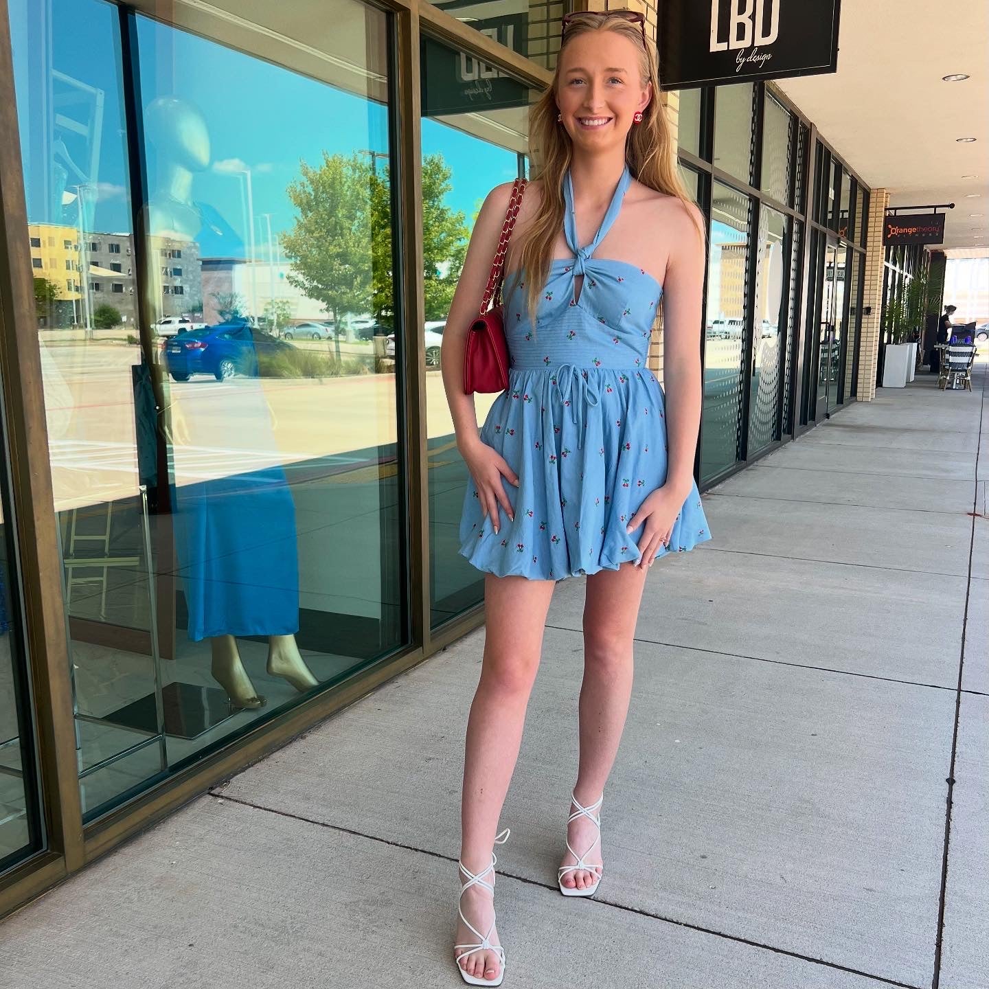 Cherry Light Denim Halter Bubble Cherry Mini Dress