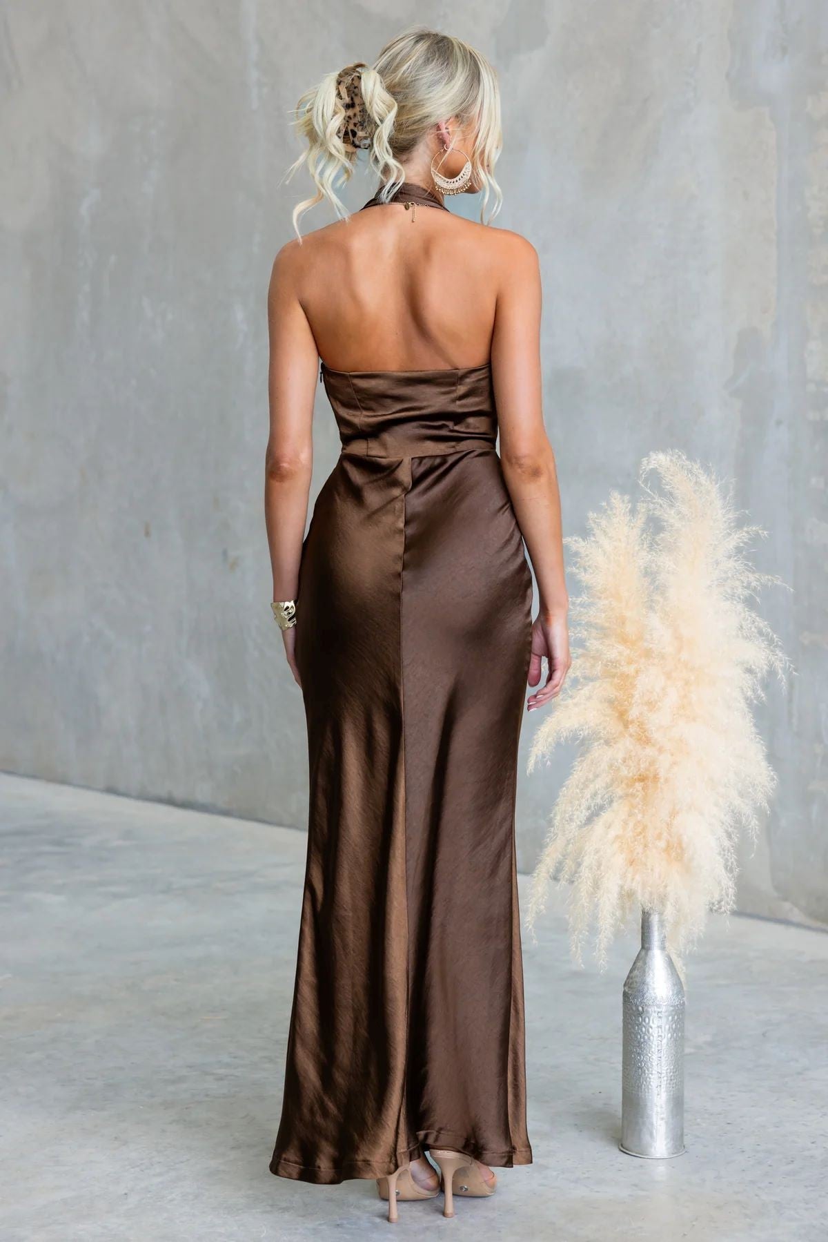Jordana Chocolate Brown Cowl Front Satin Maxi Dress