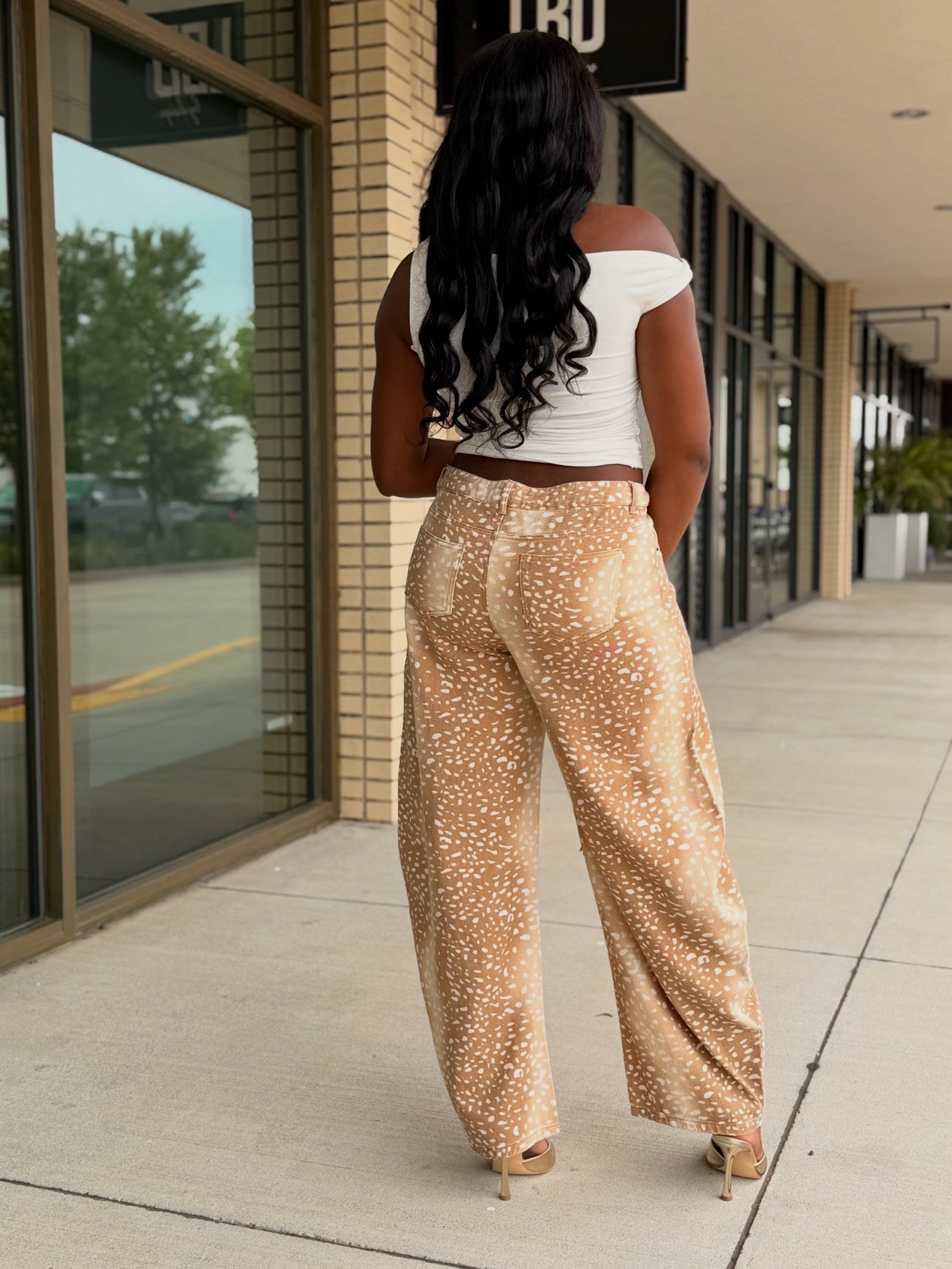 Bambi Khaki Fawn Print Wide Leg Pants