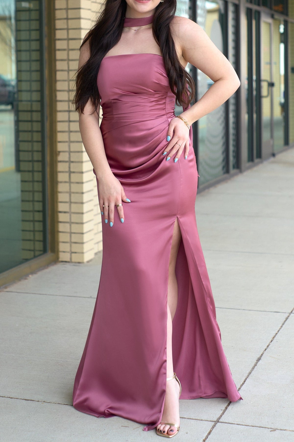 Samantha Mauve Strapless Satin Gown