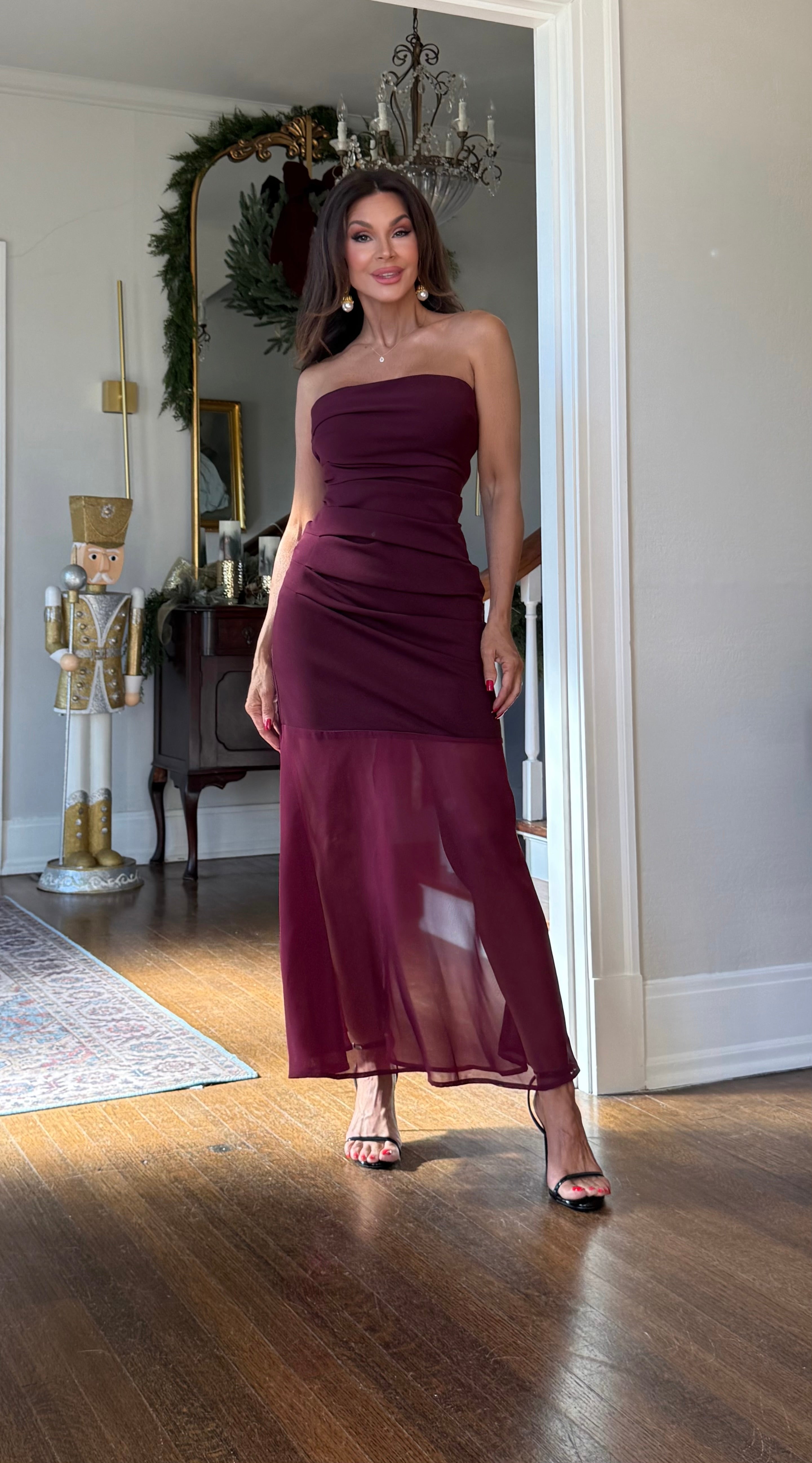 Cora Burgundy Strapless Midi Dress With Shear Bottom