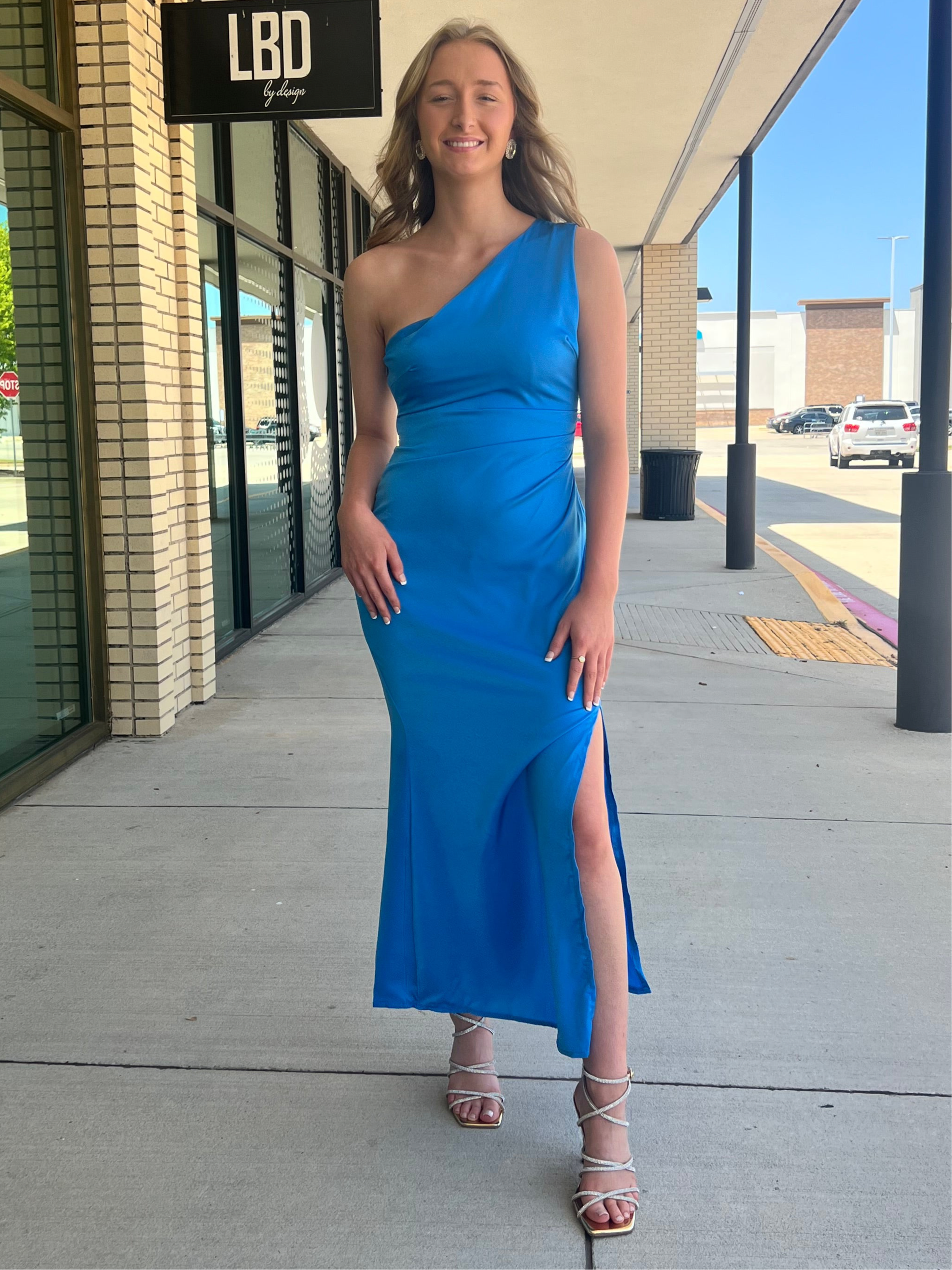 Amelia Electric Blue One Shoulder Ruched Waist Midi With Side Slit