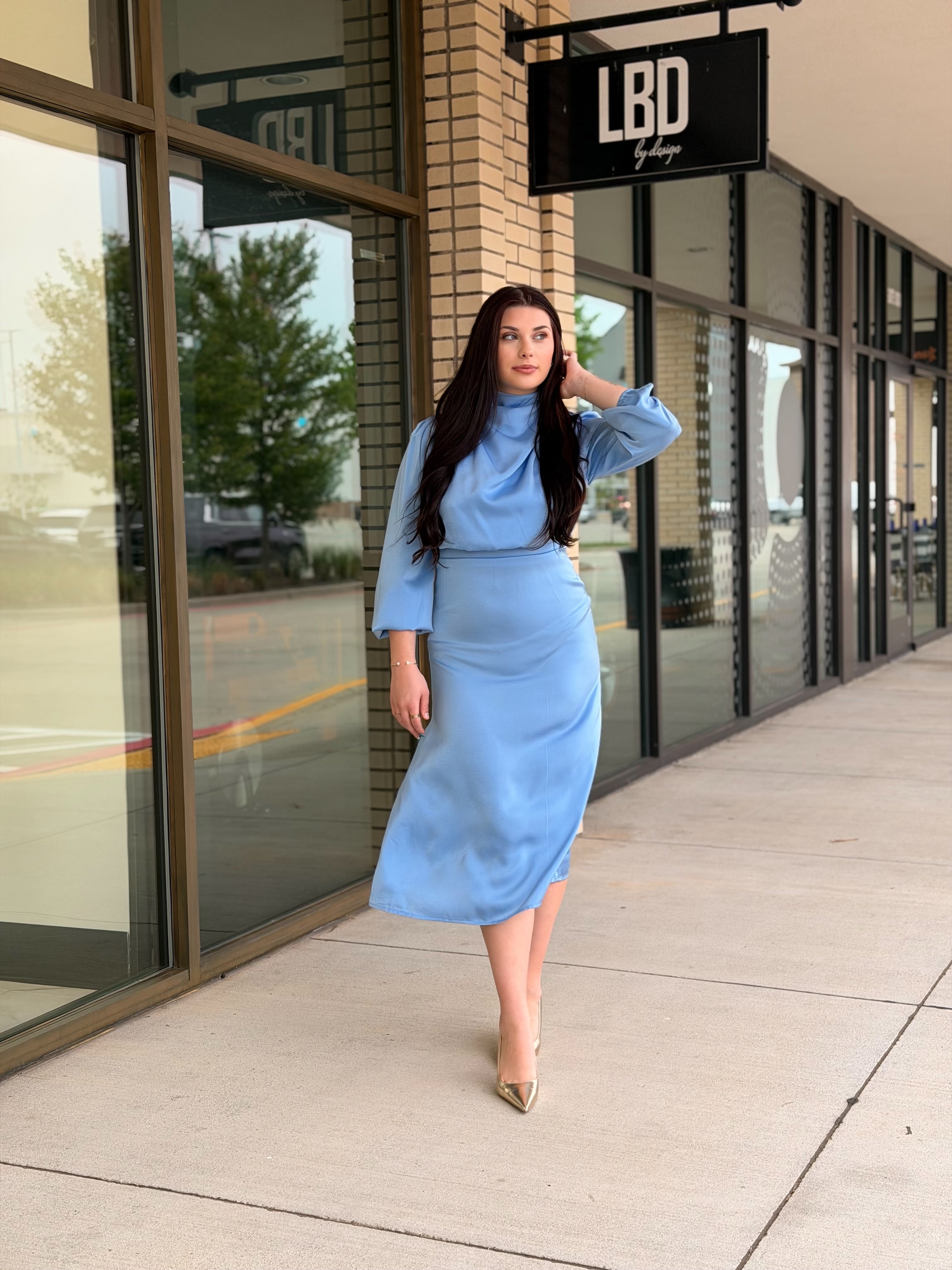 Penny Blue Long Sleeve Satin Maxi Dress