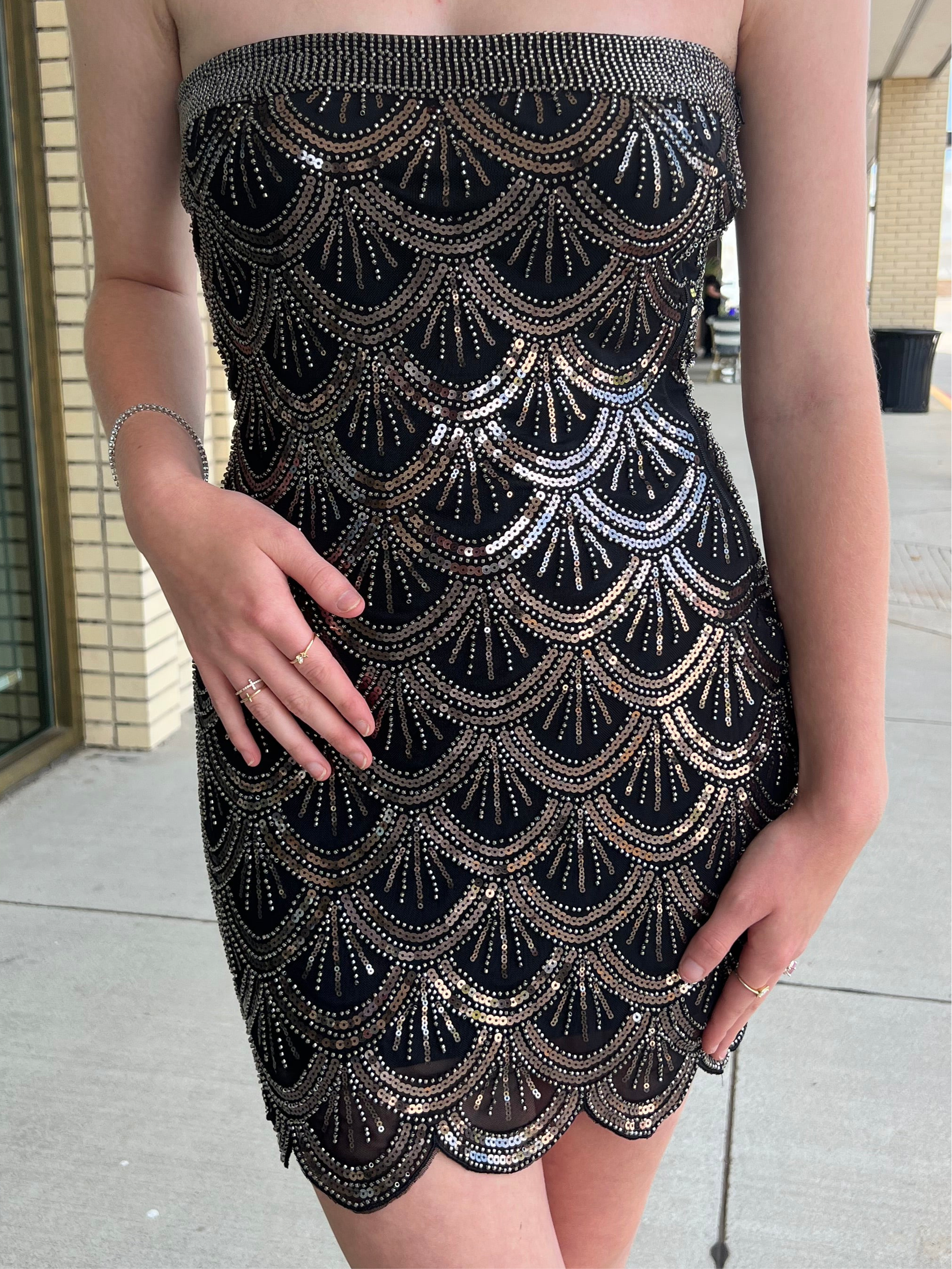 Marjorie black power mesh flapper inspired straplesss mini