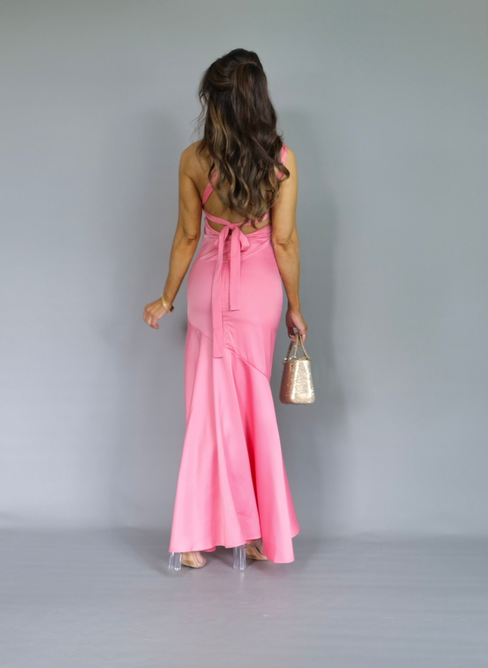 Vera pink slant shoulder maxi length slip dress
