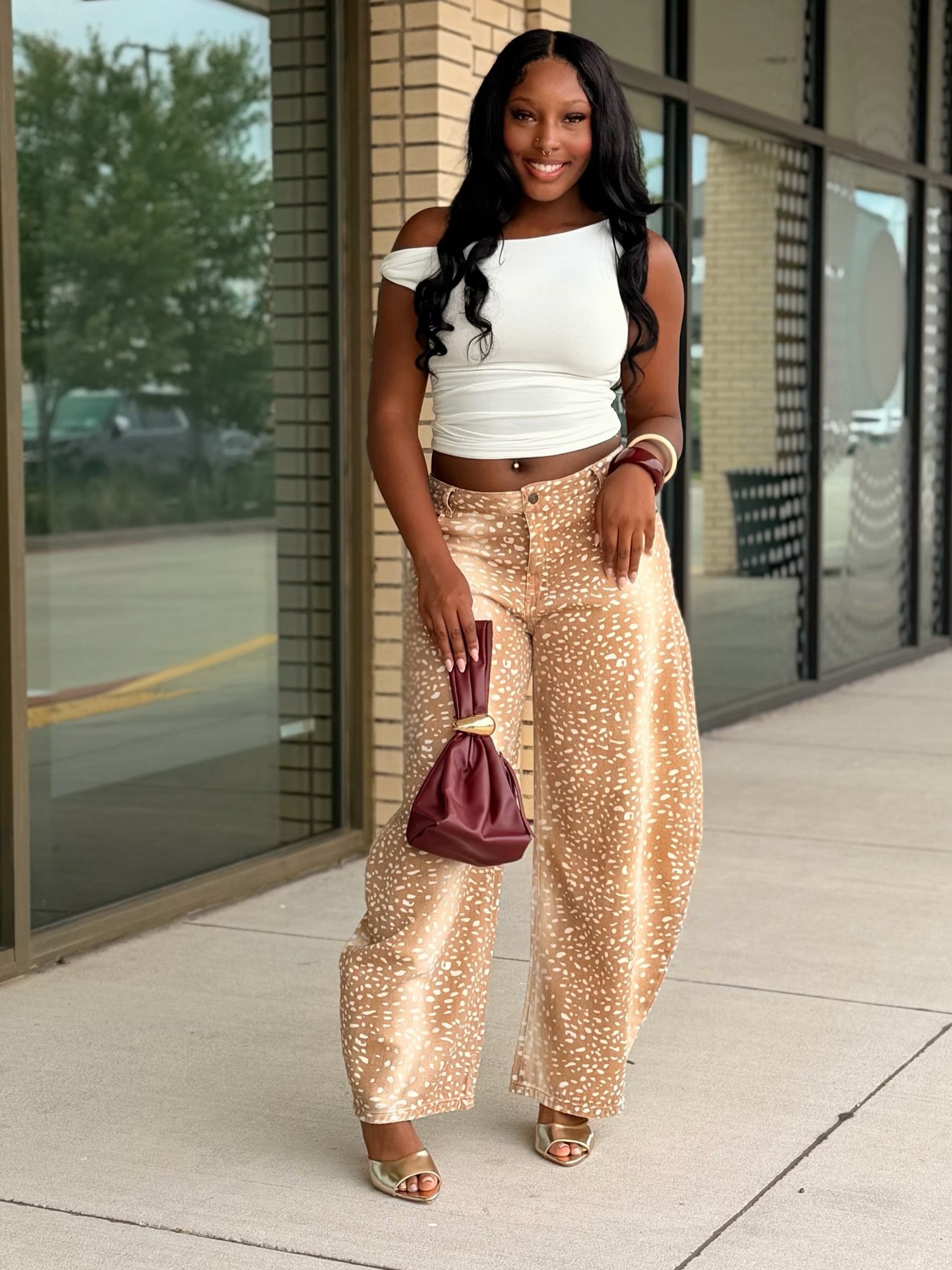 Bambi Khaki Fawn Print Wide Leg Pants