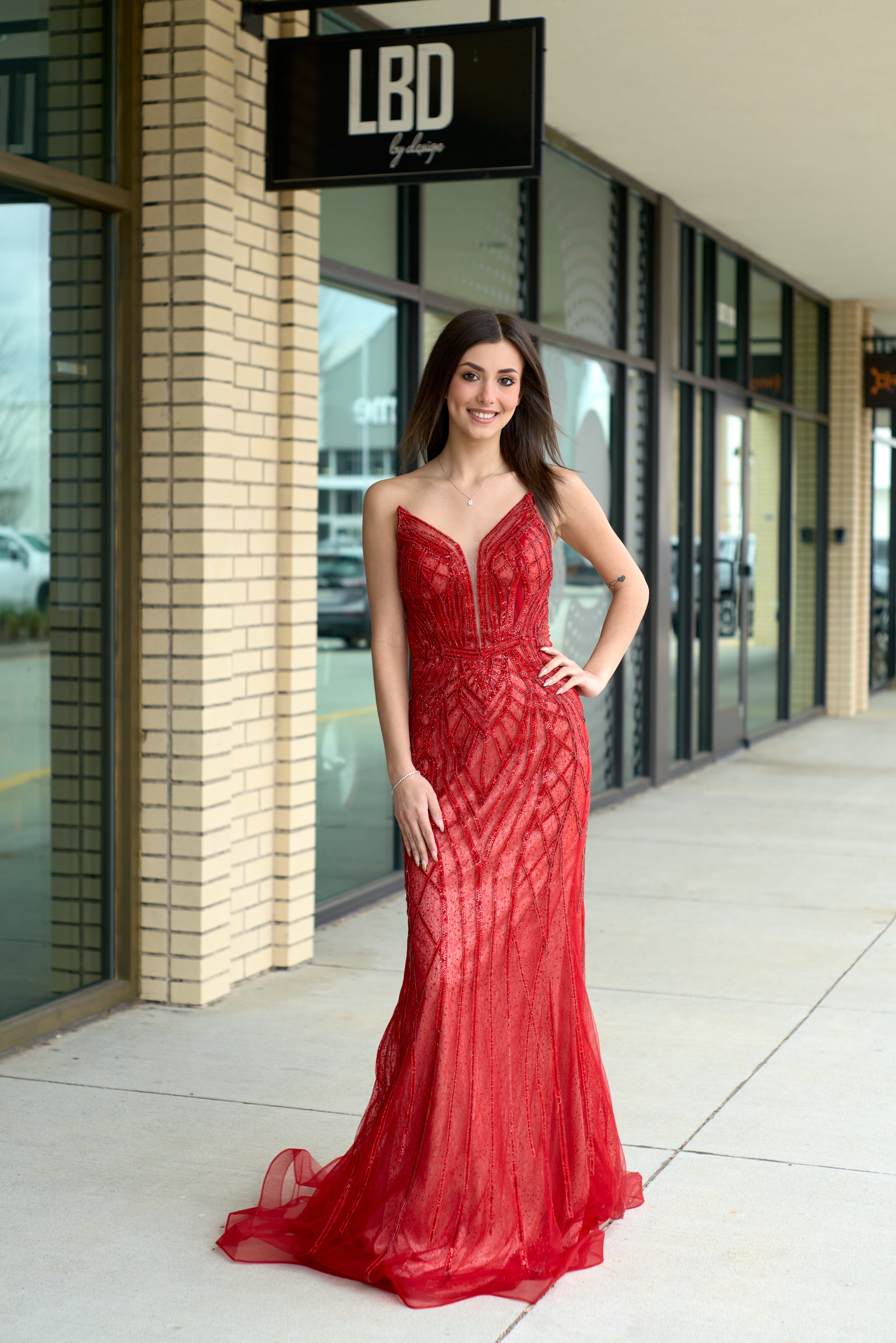 Hera red strapless beaded fitted mermaid formal dress