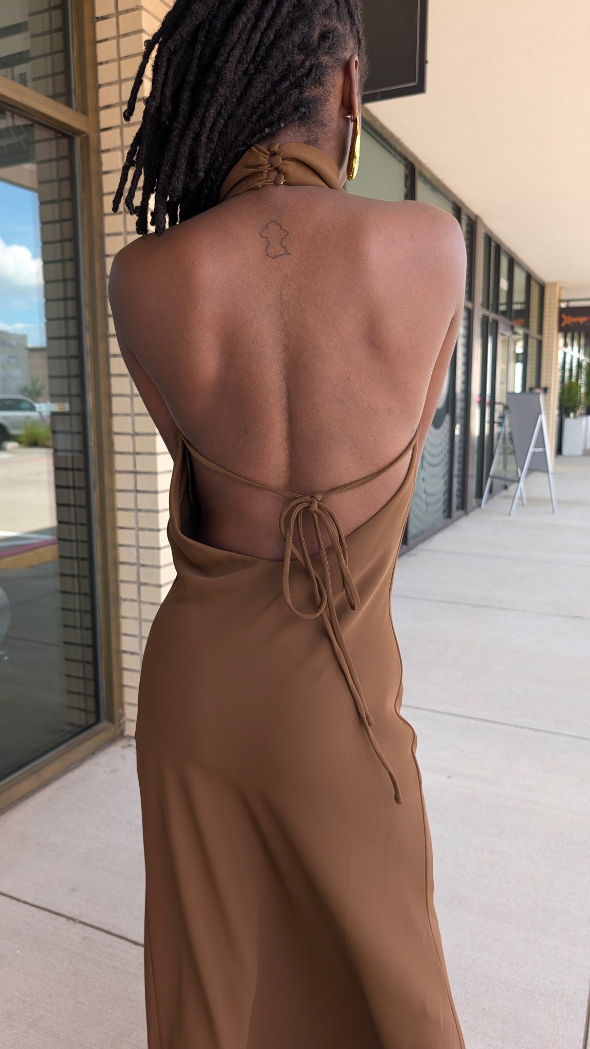 Lettie Chocolate Brown Satin Cowl Neck Halter Midi Dress