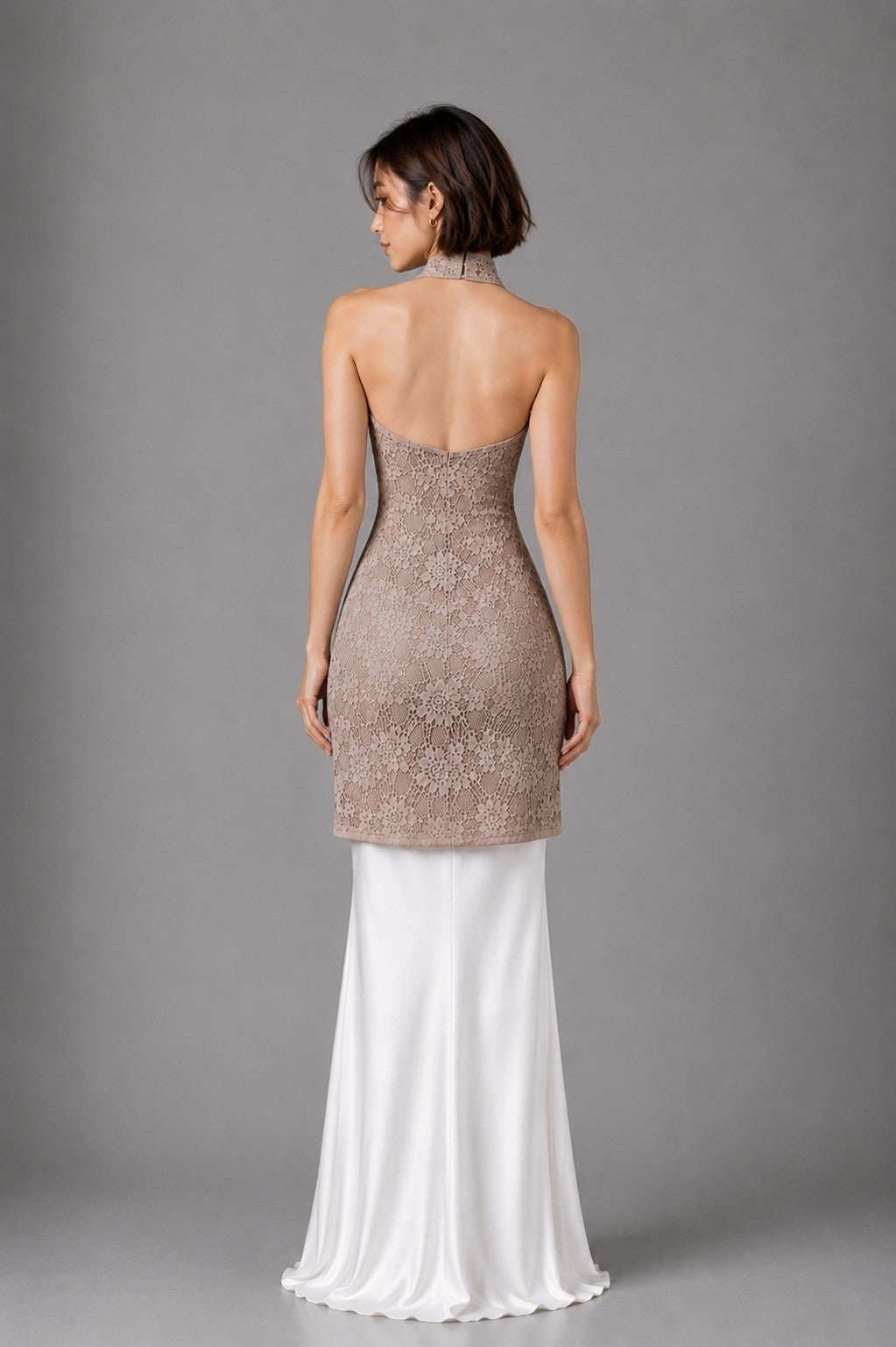 Irene Taupe Lace Criss Cross Halter Top