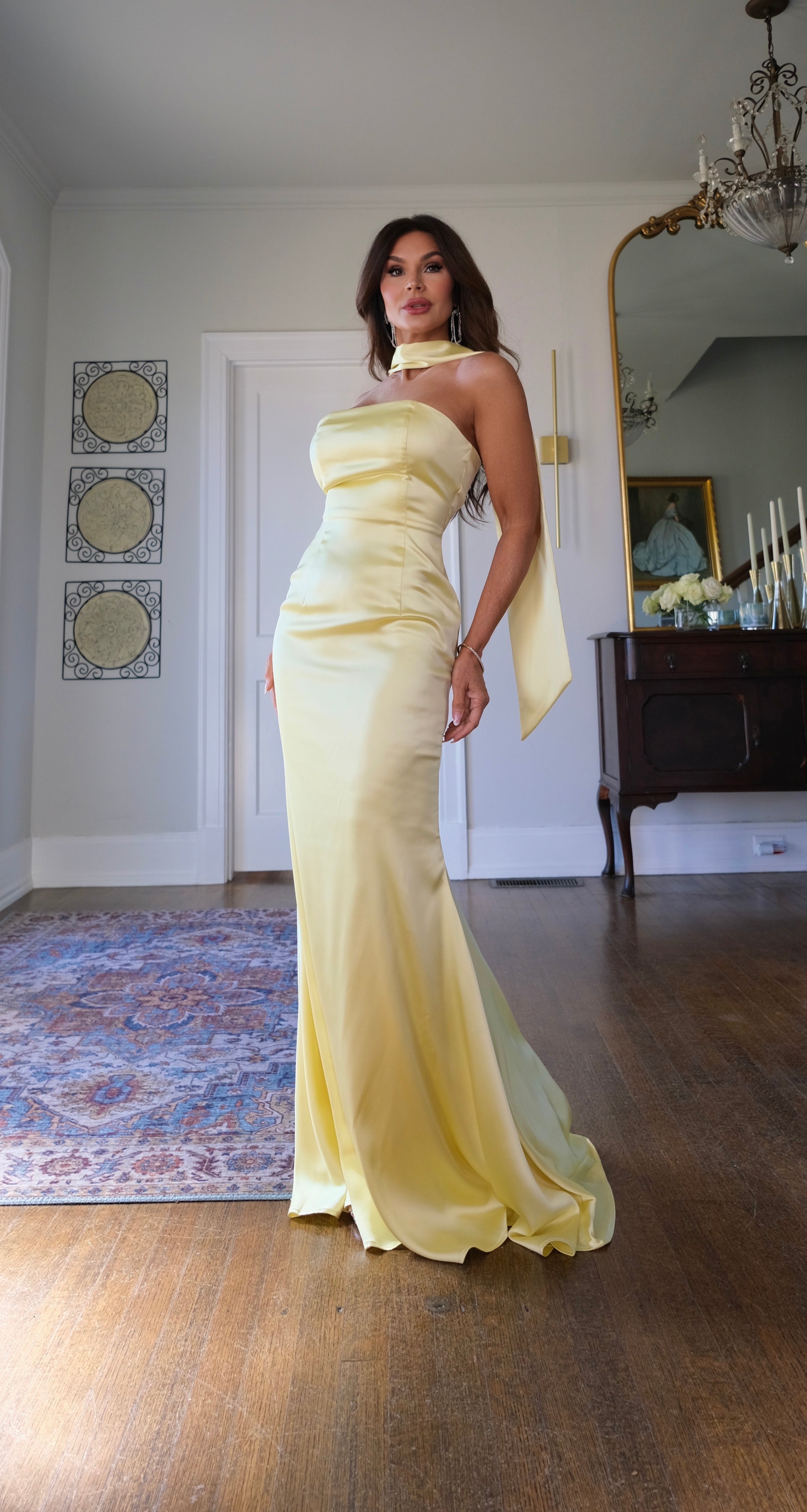 Kathryn pale yellow satin gown with neck drape
