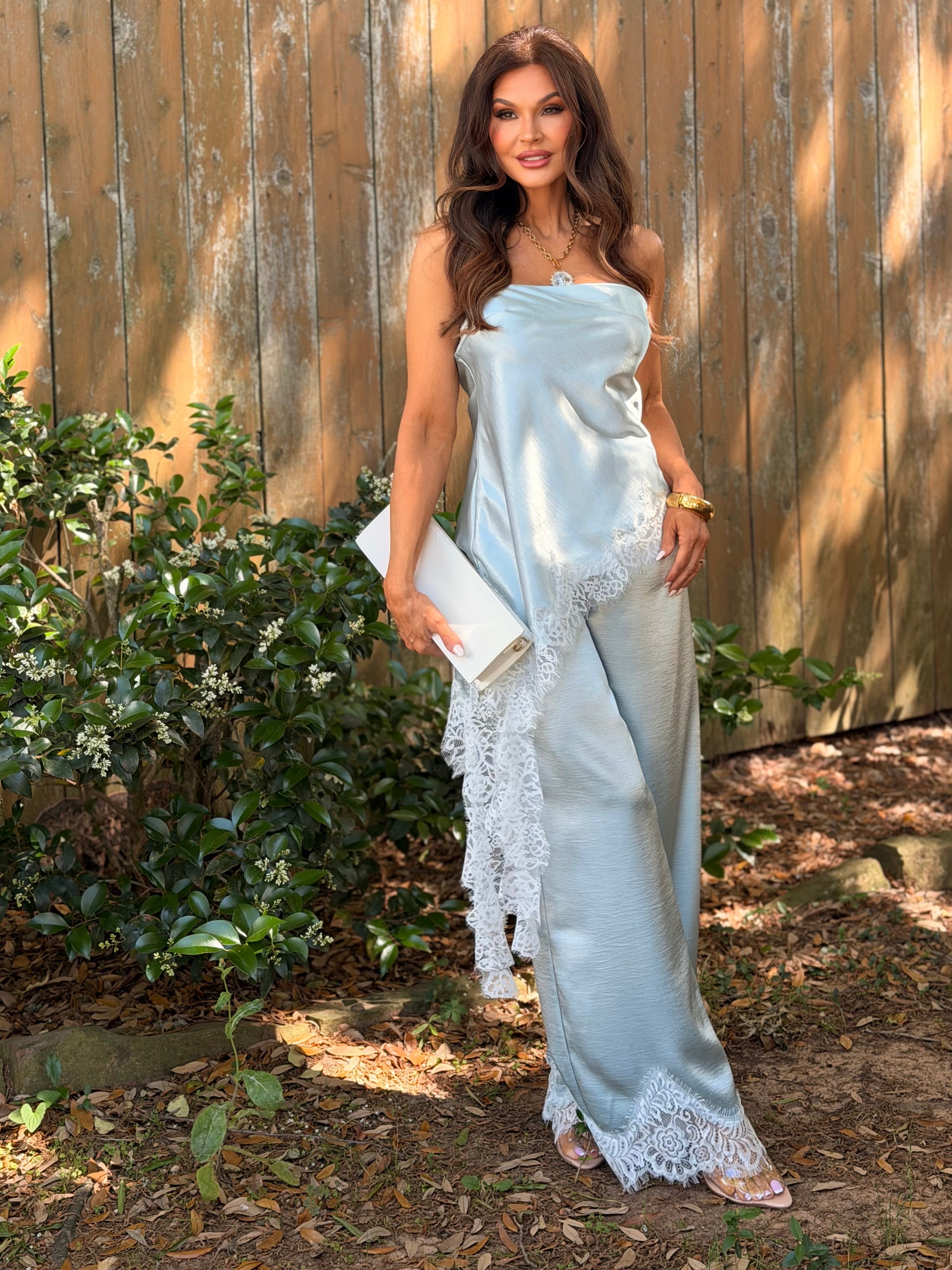 Laney Aqua Blue Satin Lace Trim Pants