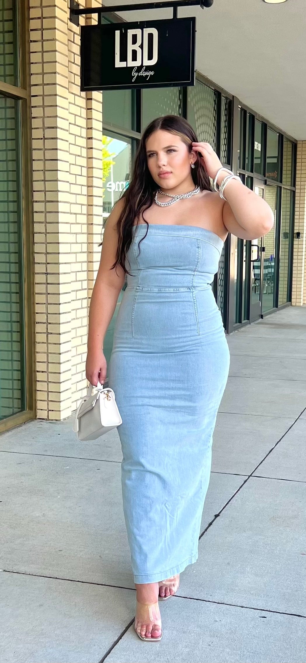 Luca light wash denim strapless maxi dress