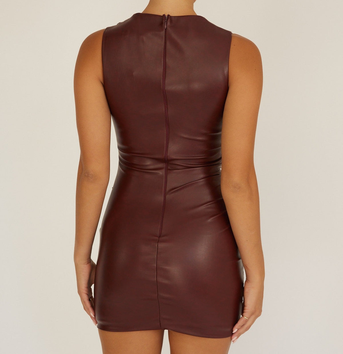 Renee Wine Boat Neck Leather Mini Dress