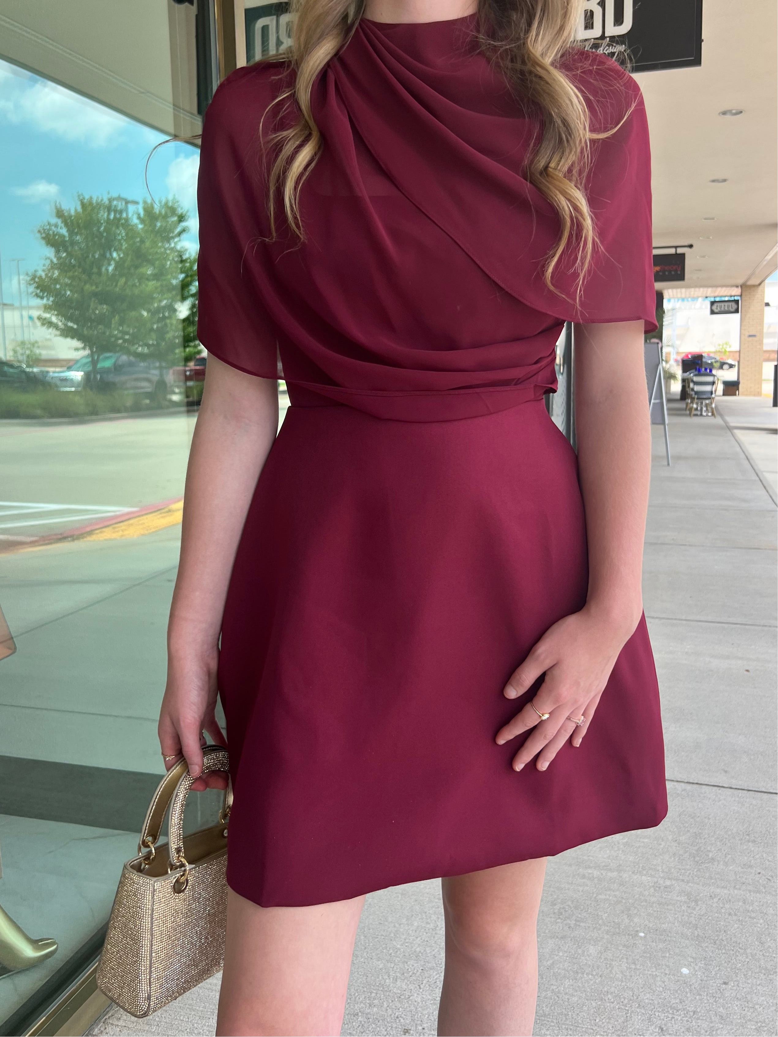 Caroline Cherry Wine A line Mini Dress With Sheer Shawl Overlay