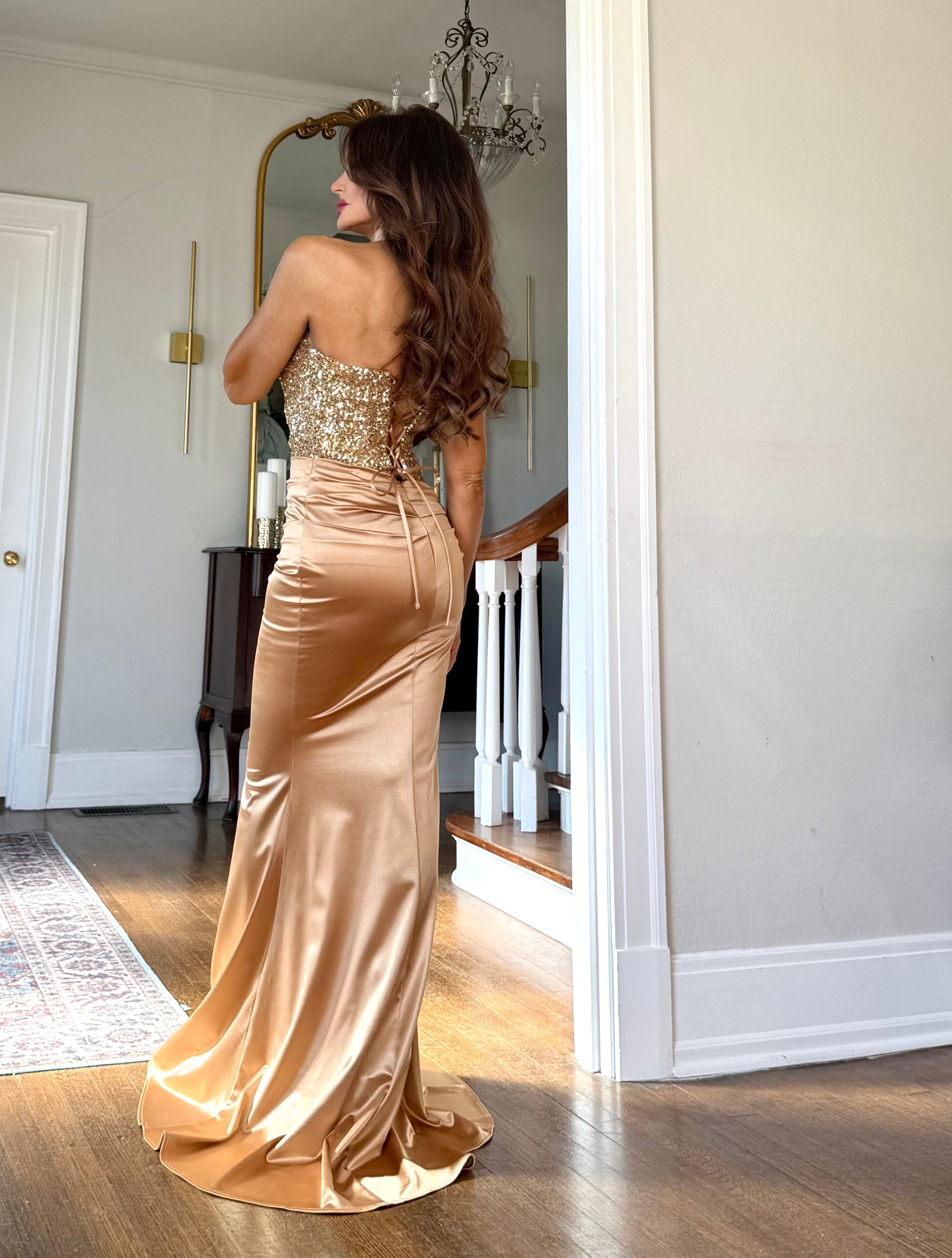 Reign gold sequin bodice lace up satin formal