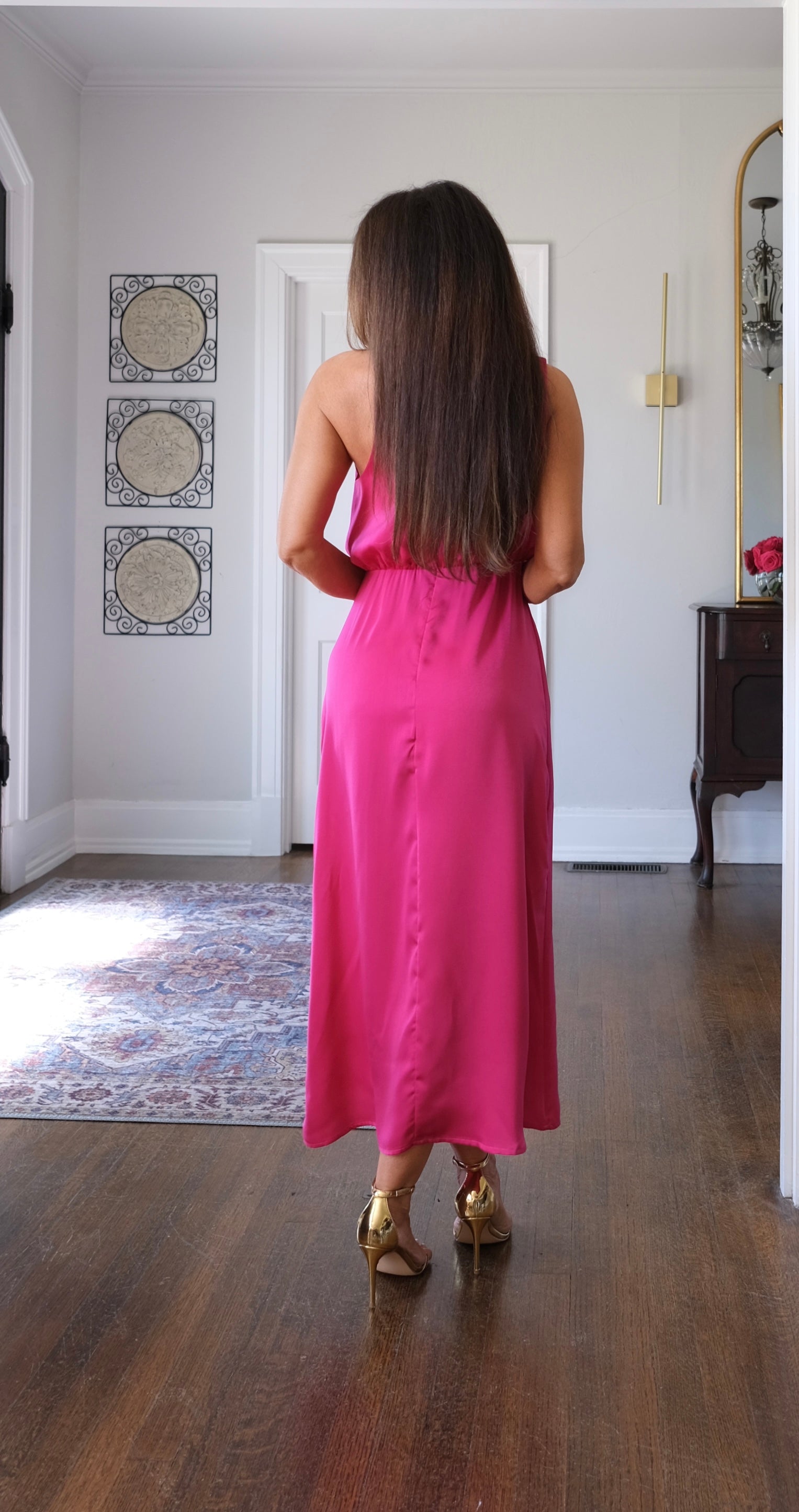Bridgette rose satin halter neck midi