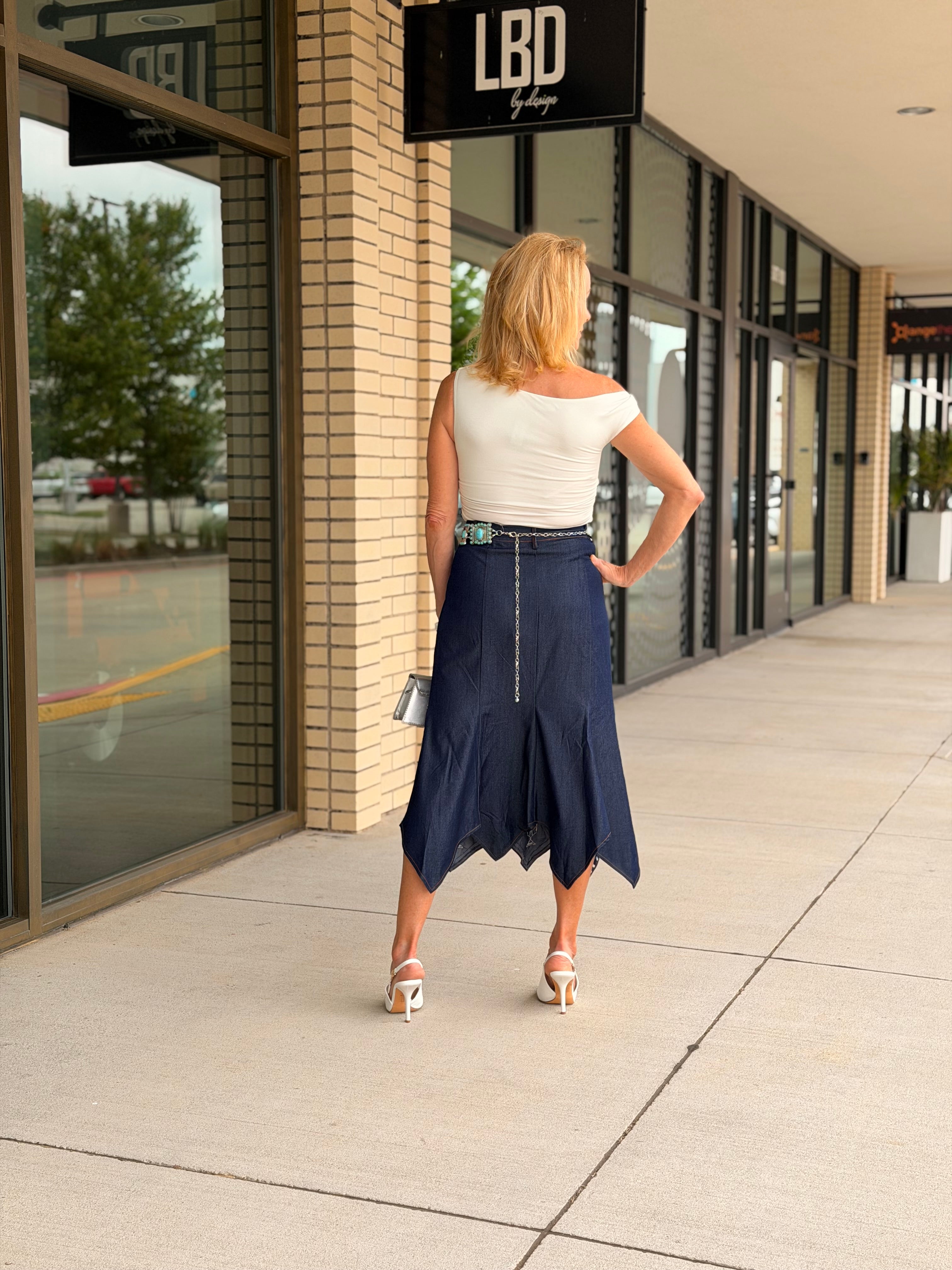 Mary Indigo Studded Asymmetrical Hem Denim Skirt
