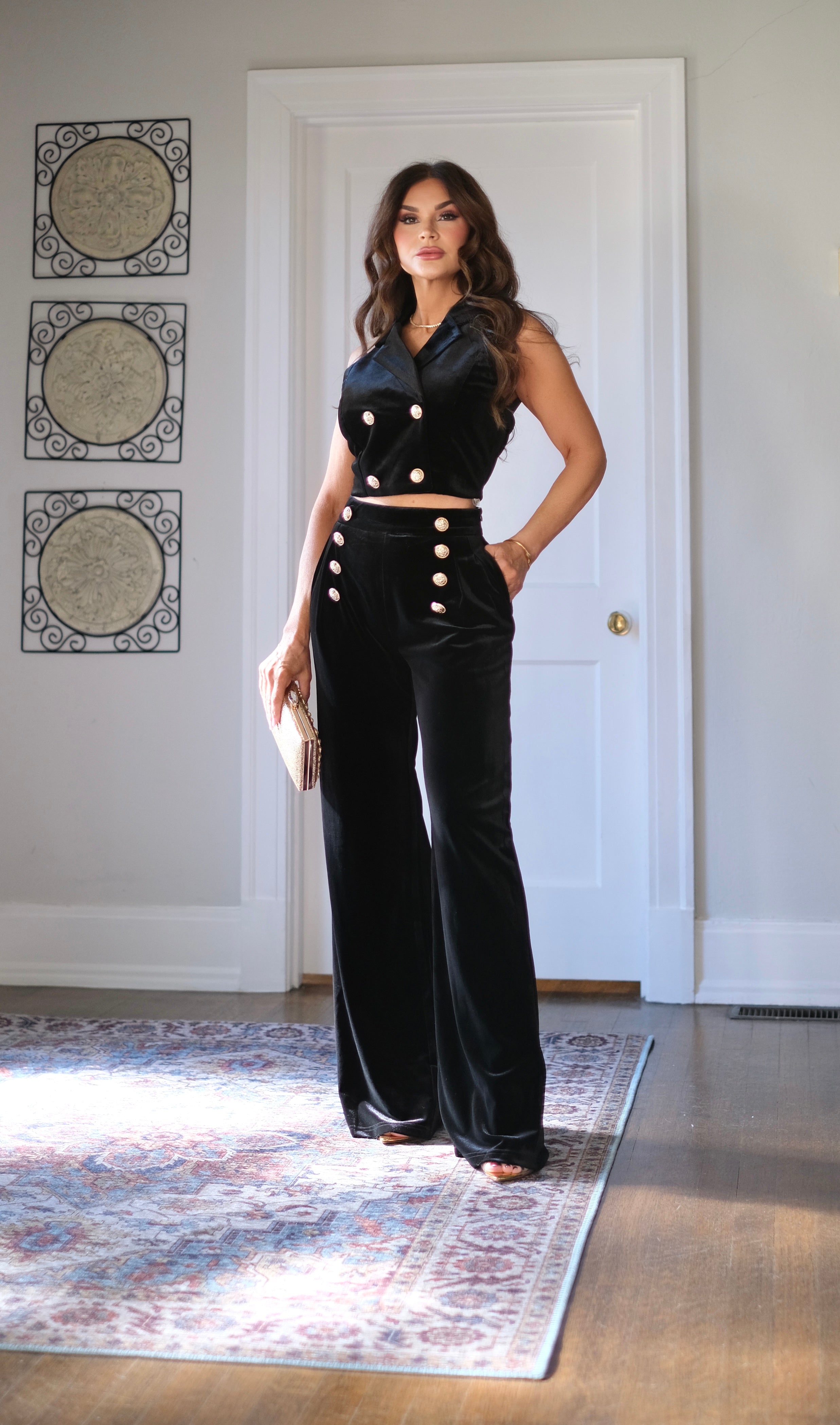 Velvetine Black Velvet Crop Top with Collar and Gold Buttons