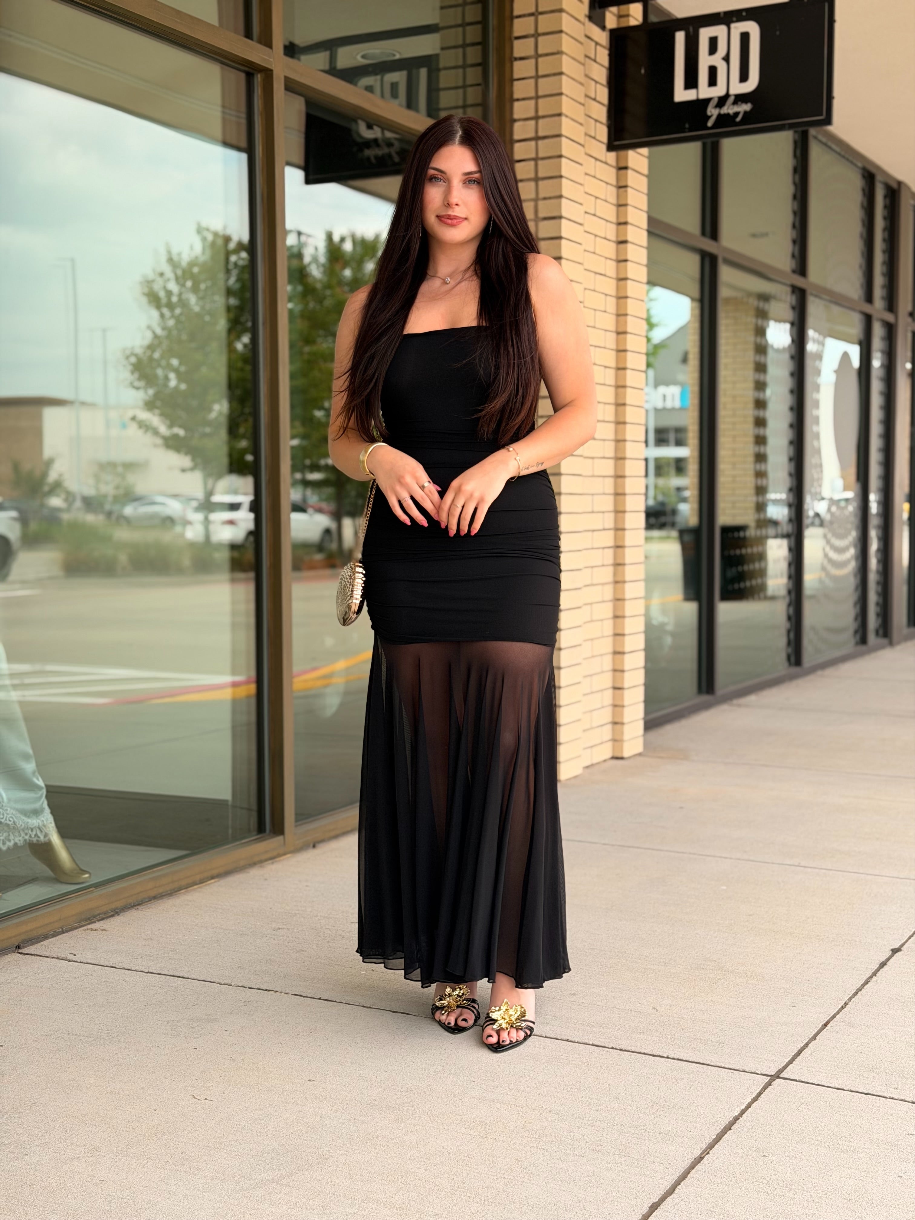Stassie black ruched strapless midi dress