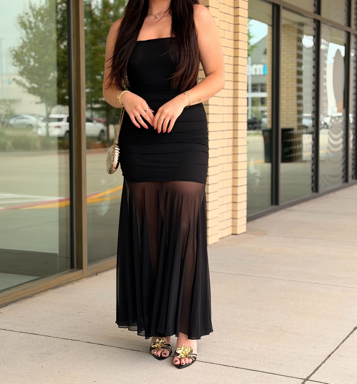 Stassie black ruched strapless midi dress