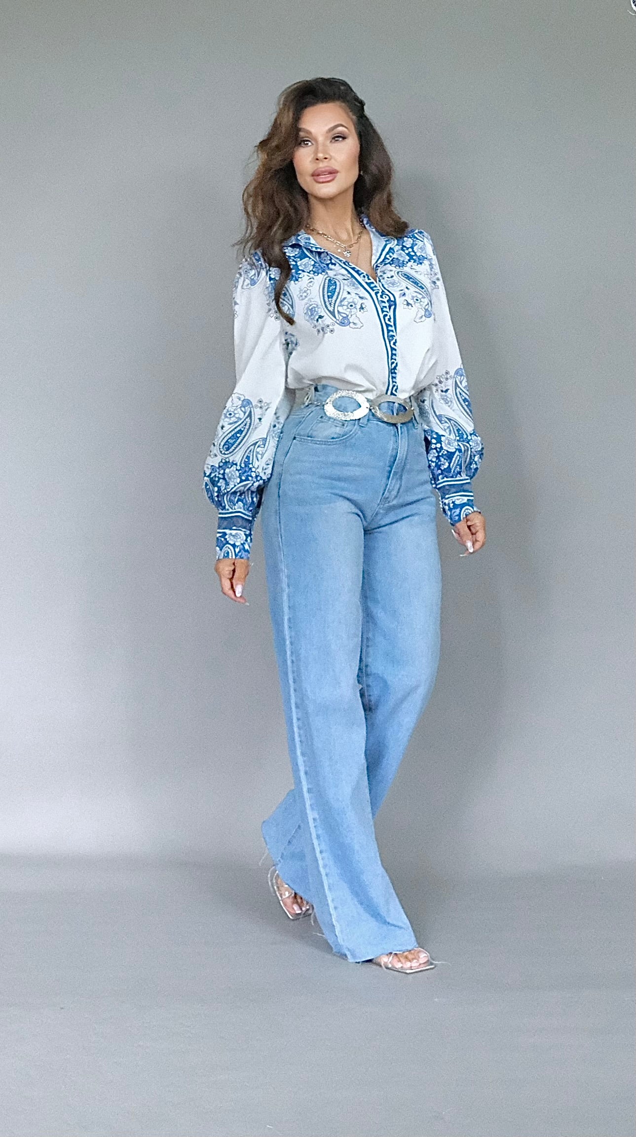 Annette White Puff Sleeve Button-Up with Blue Floral Detail