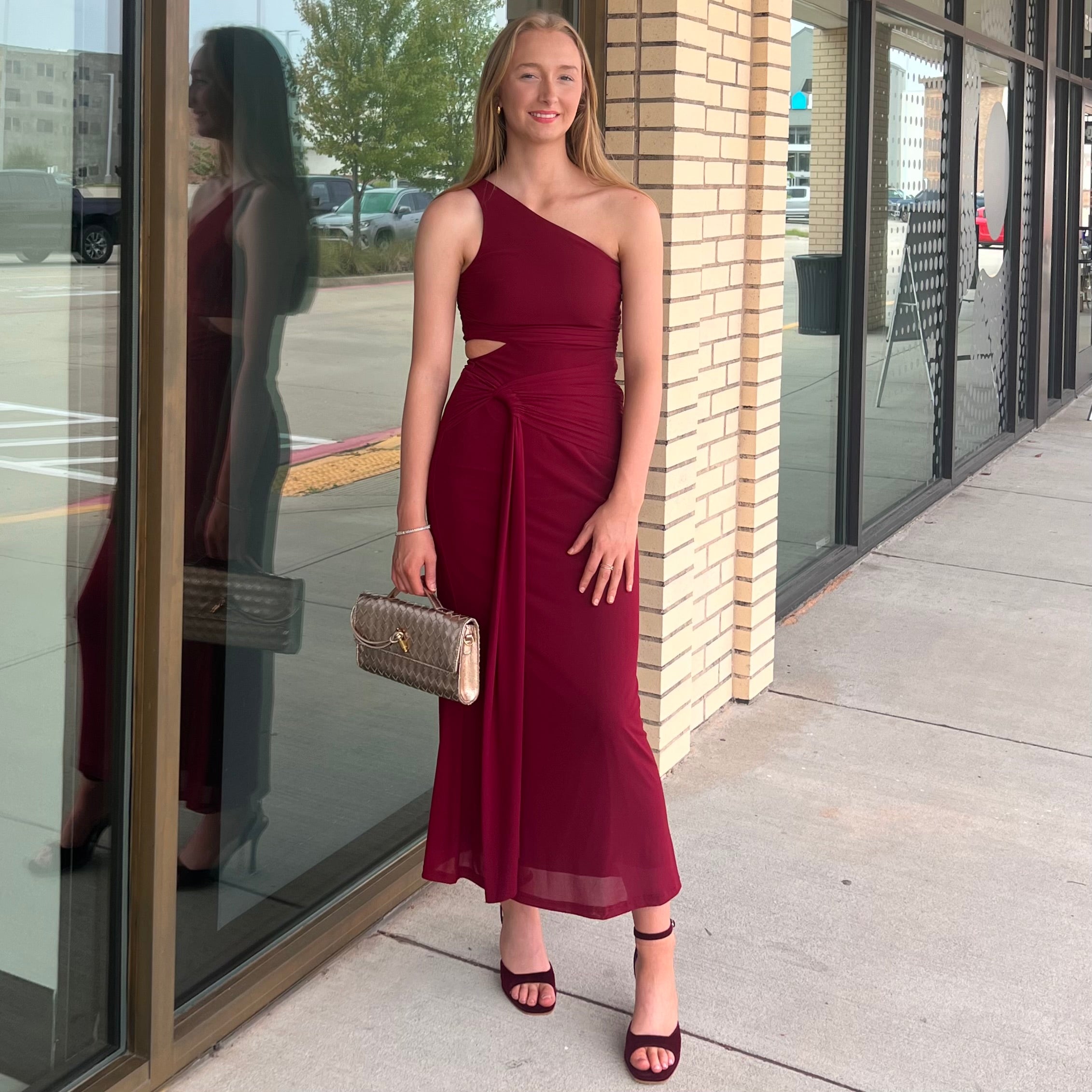 Tina Cherry Wine One Shoulder Side Cutout Midi Dress