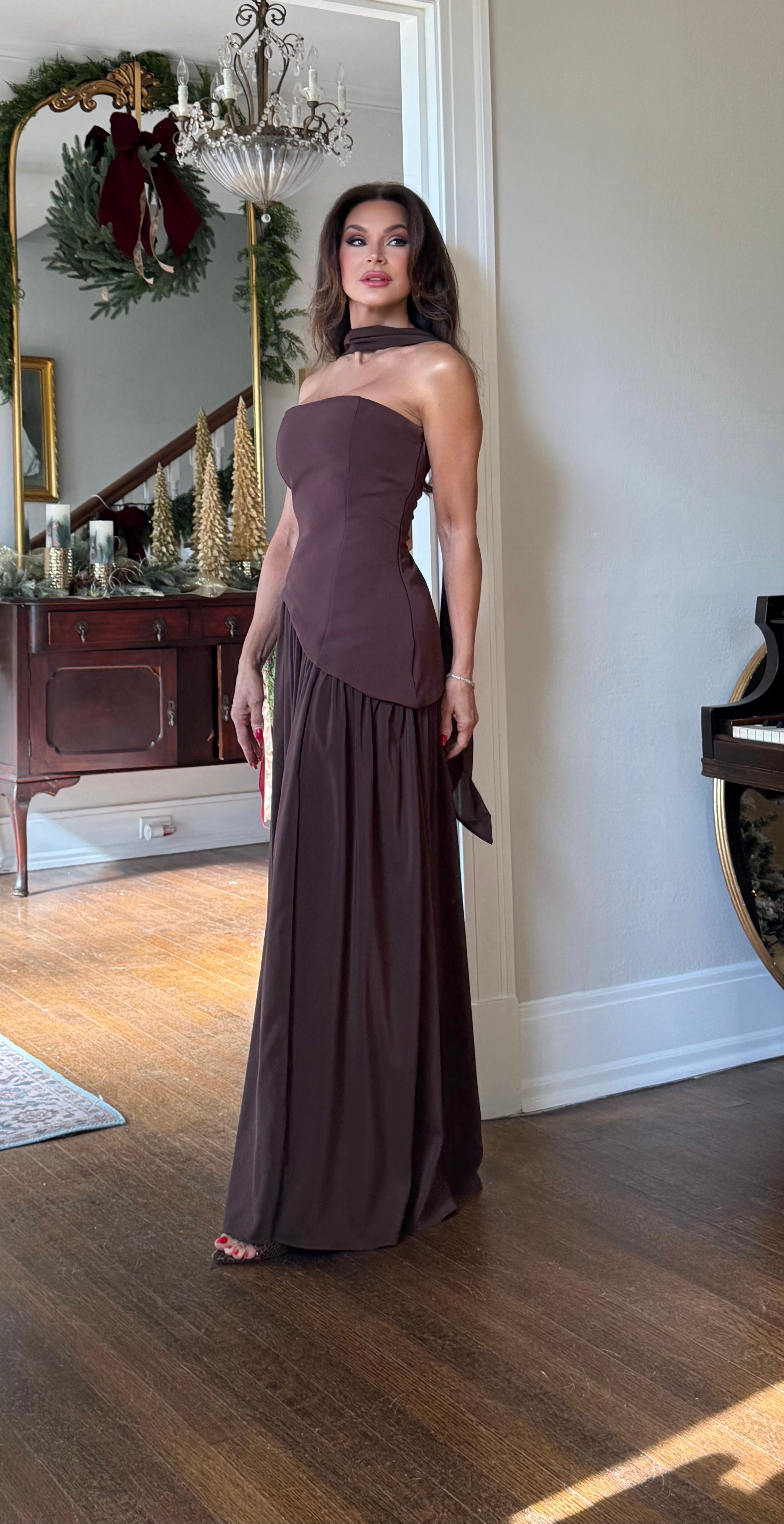 Esmeralda Chocolate Strapless Asymmetrical Waist Gathered Skirt With Slit Midi Dress