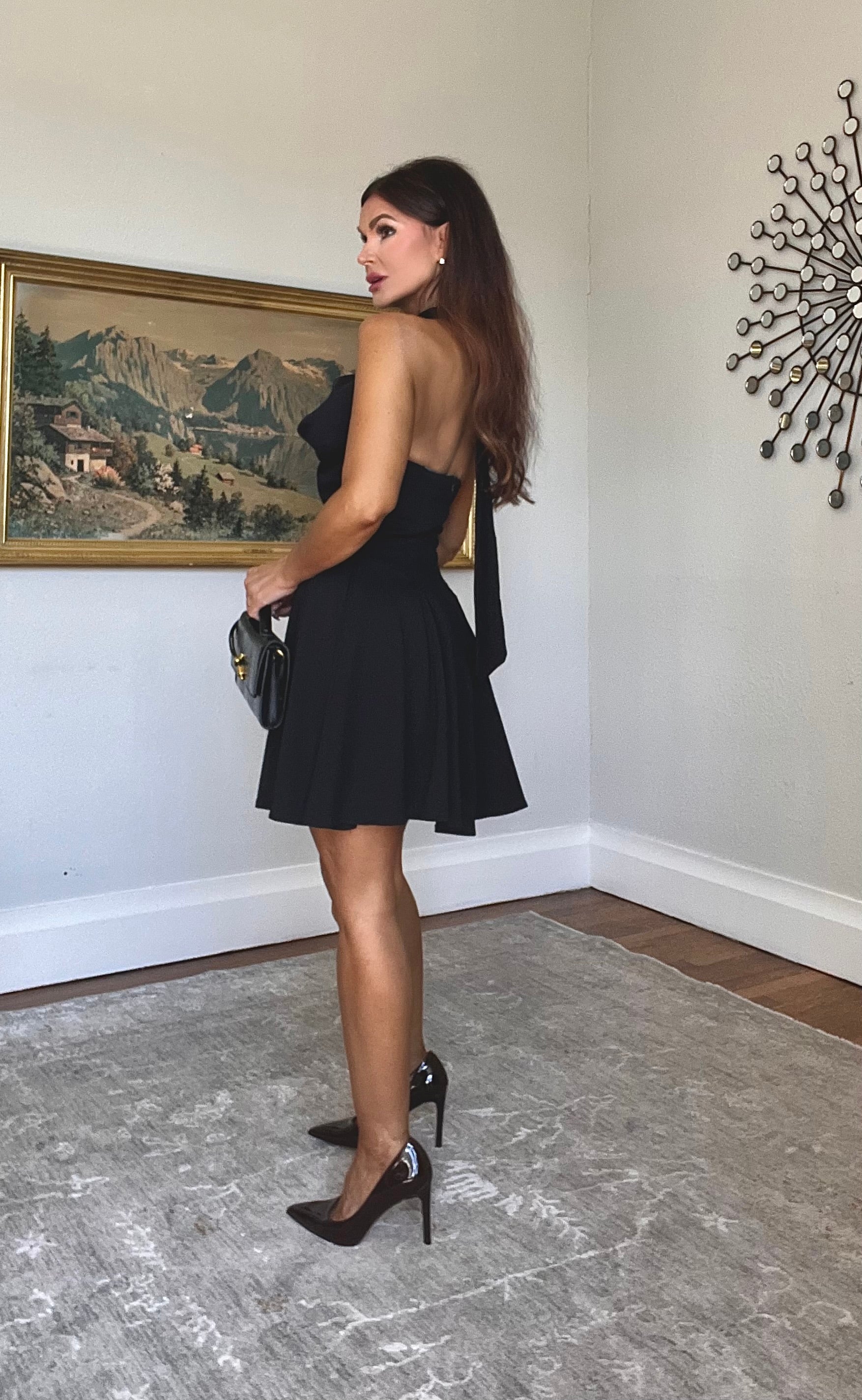 Kendra Black Drape Neck Pleated A Line Mini Dress