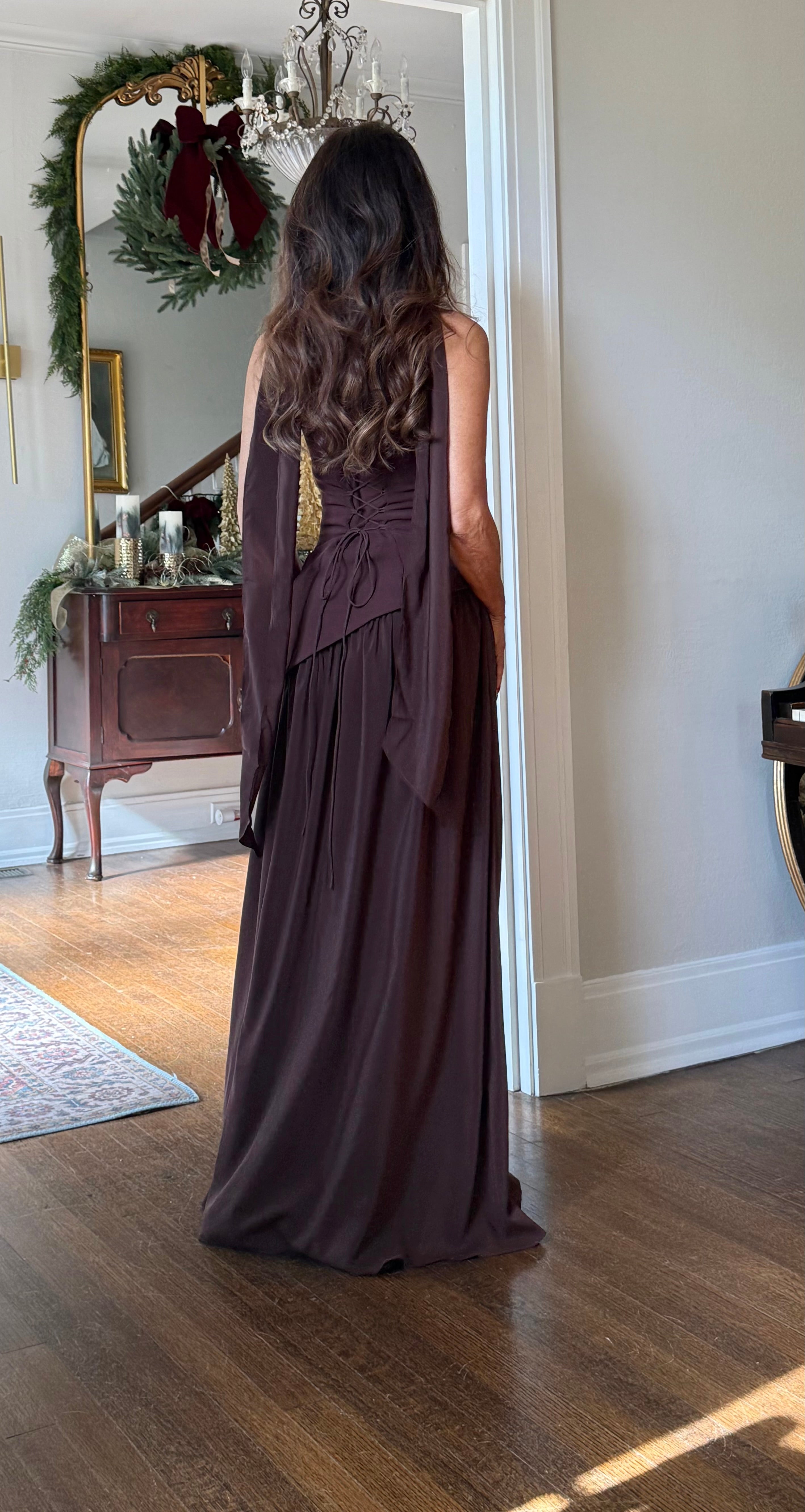 Esmeralda Chocolate Strapless Asymmetrical Waist Gathered Skirt With Slit Midi Dress