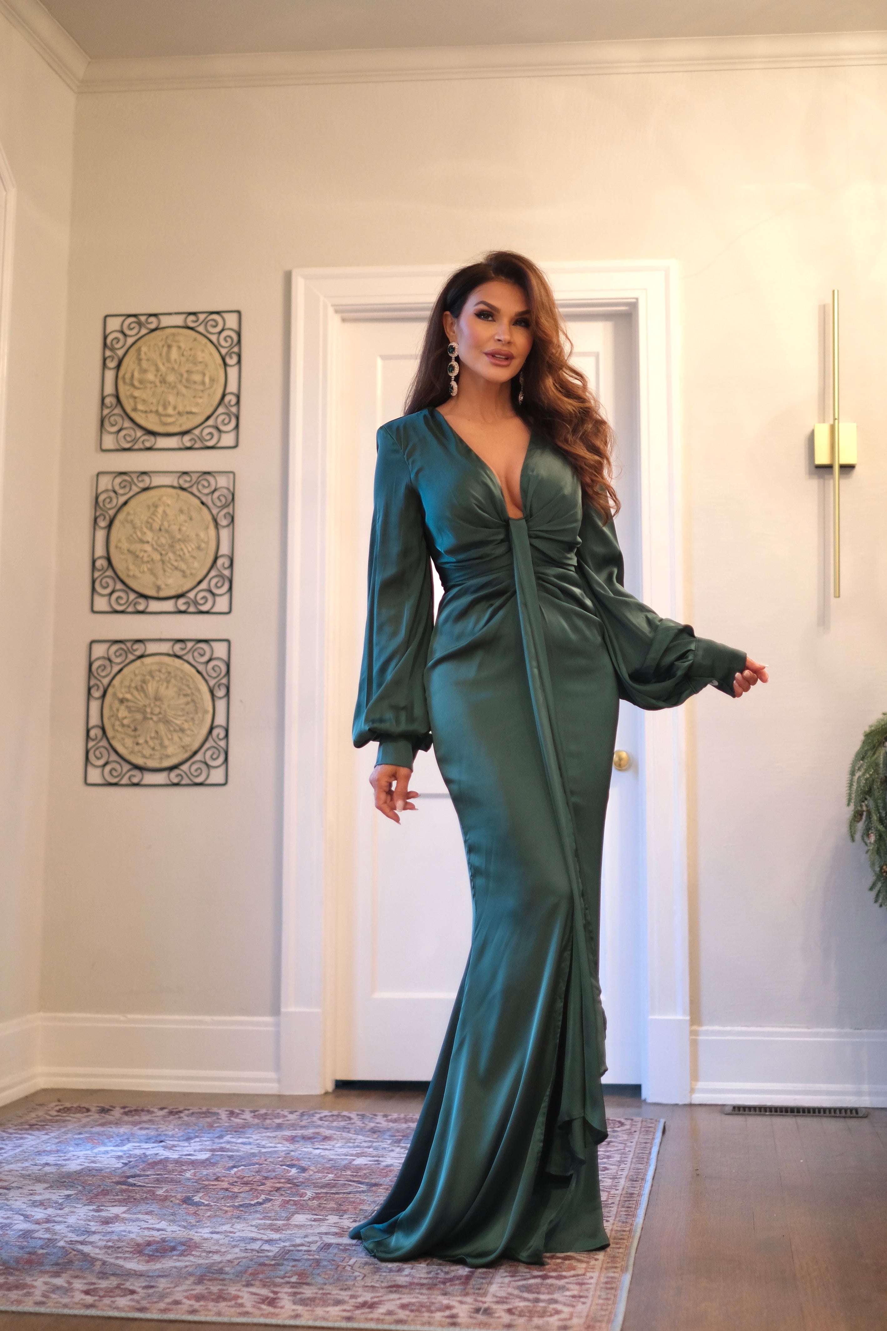 Sonya emerald green satin long sleeve dress with front tie and front slit