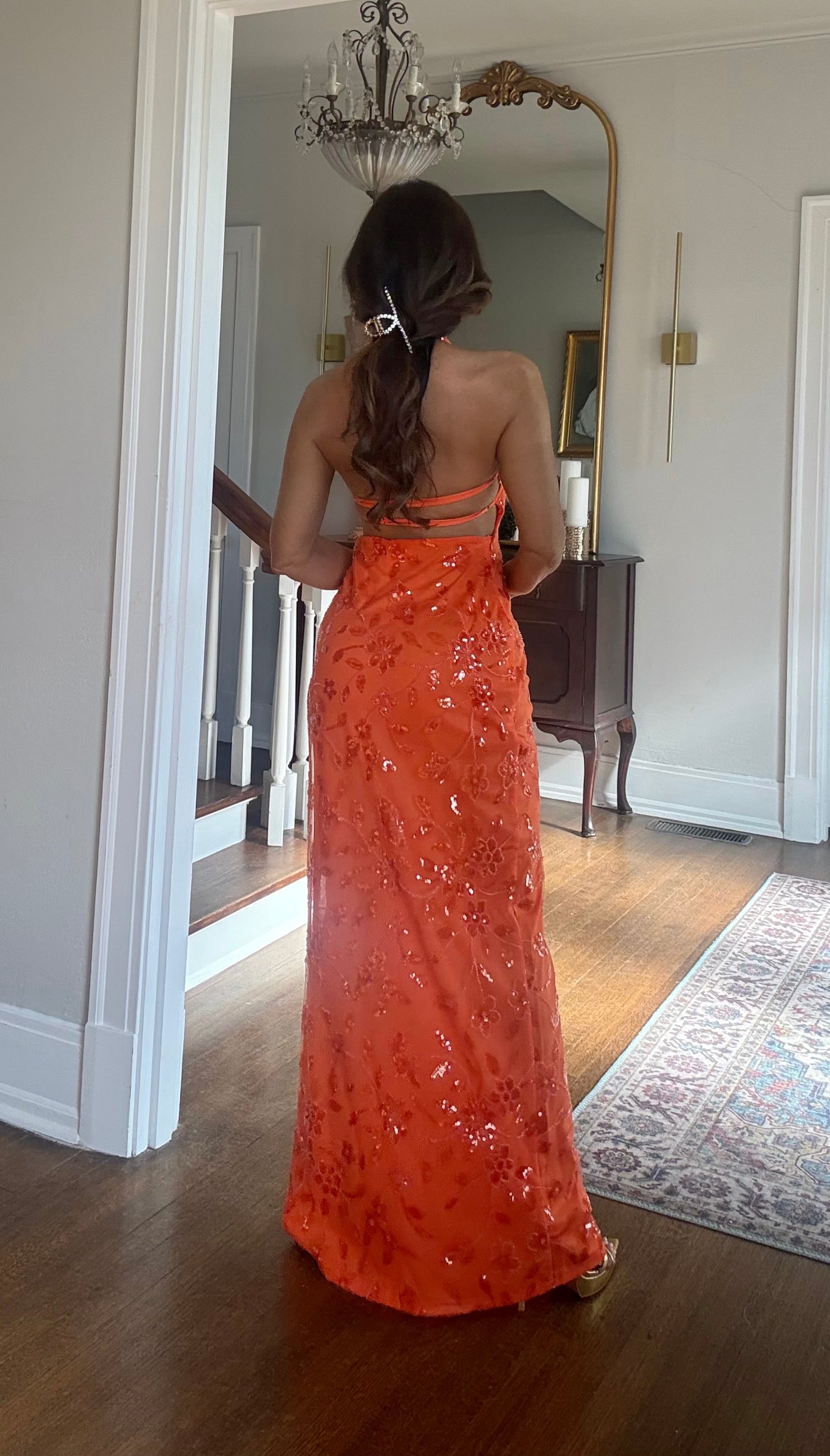 Olandria Orange Sequin Halter Backless Formal