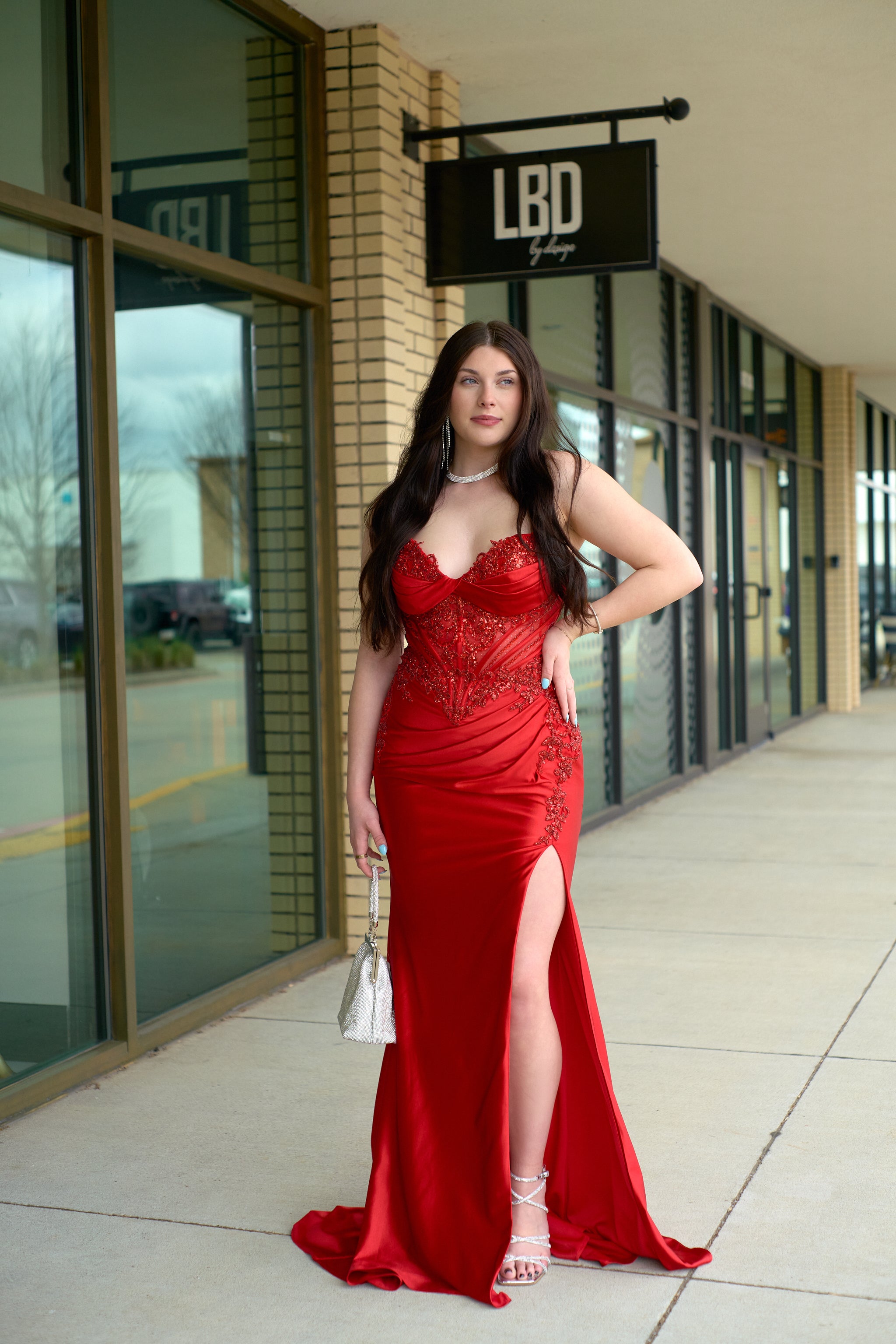 Alexis red embellished strapless gown