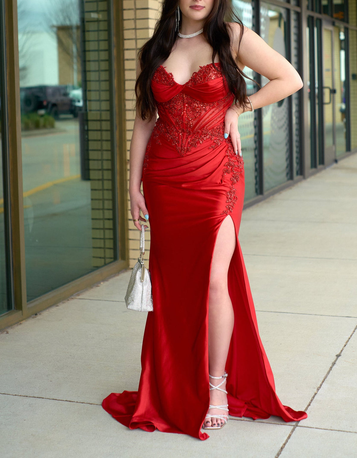 Alexis Red Embellished Strapless Gown