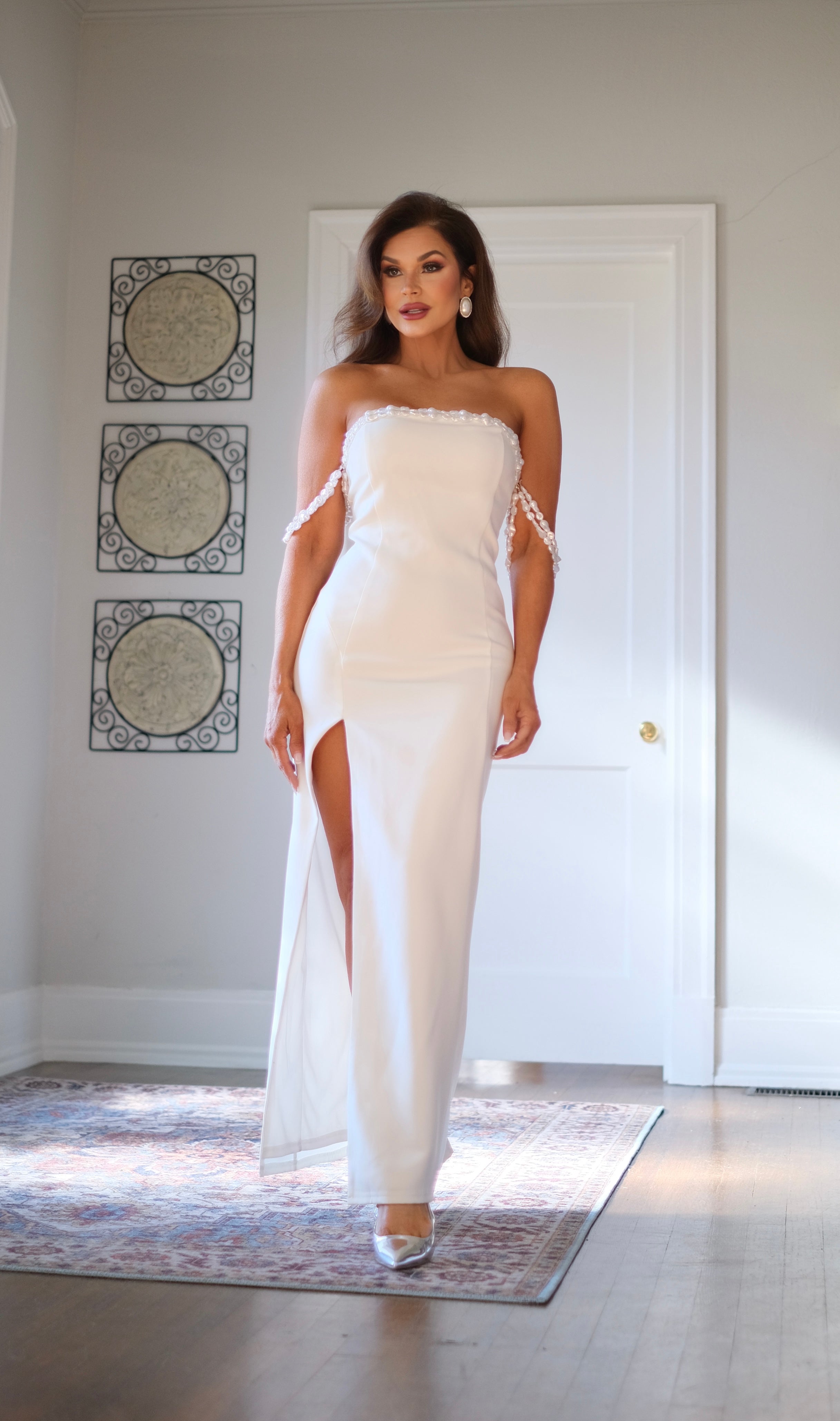 Whitley White Midi Dress with Side Slit and Pearl Sleeve Details
