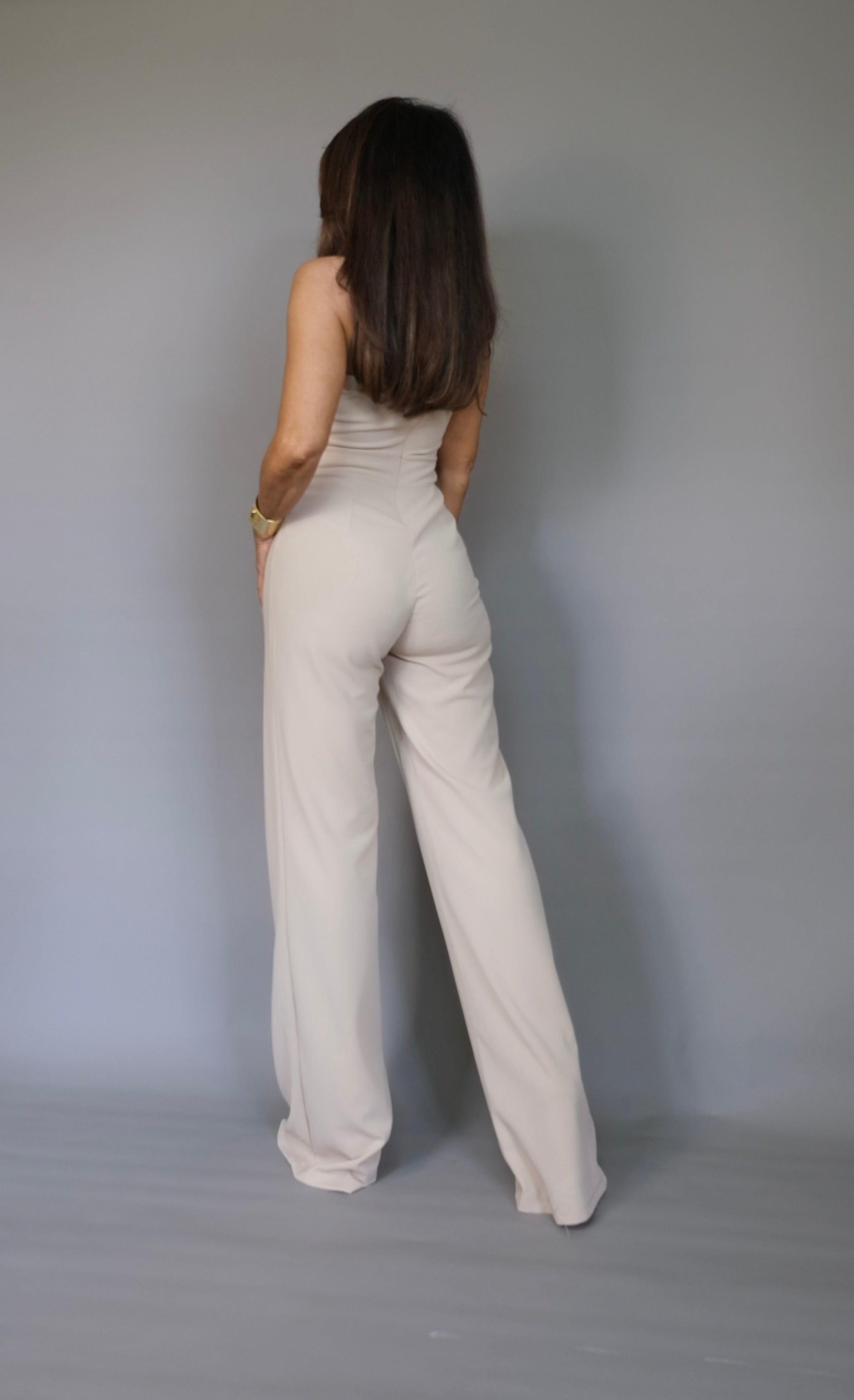 Joss beige off shoulder button trim jumpsuit