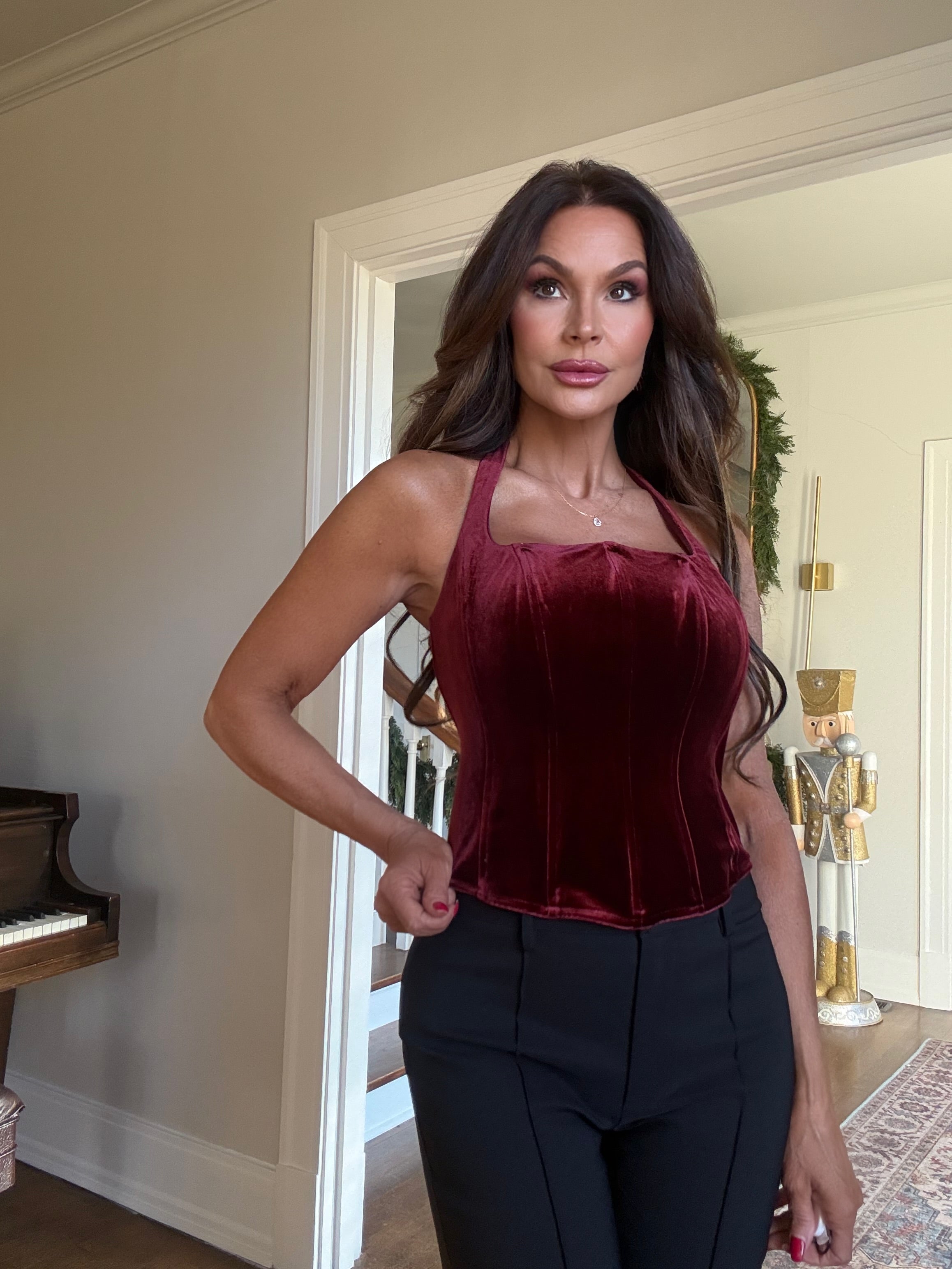 Jacy Wine Velvet Halter Corset Boning Top