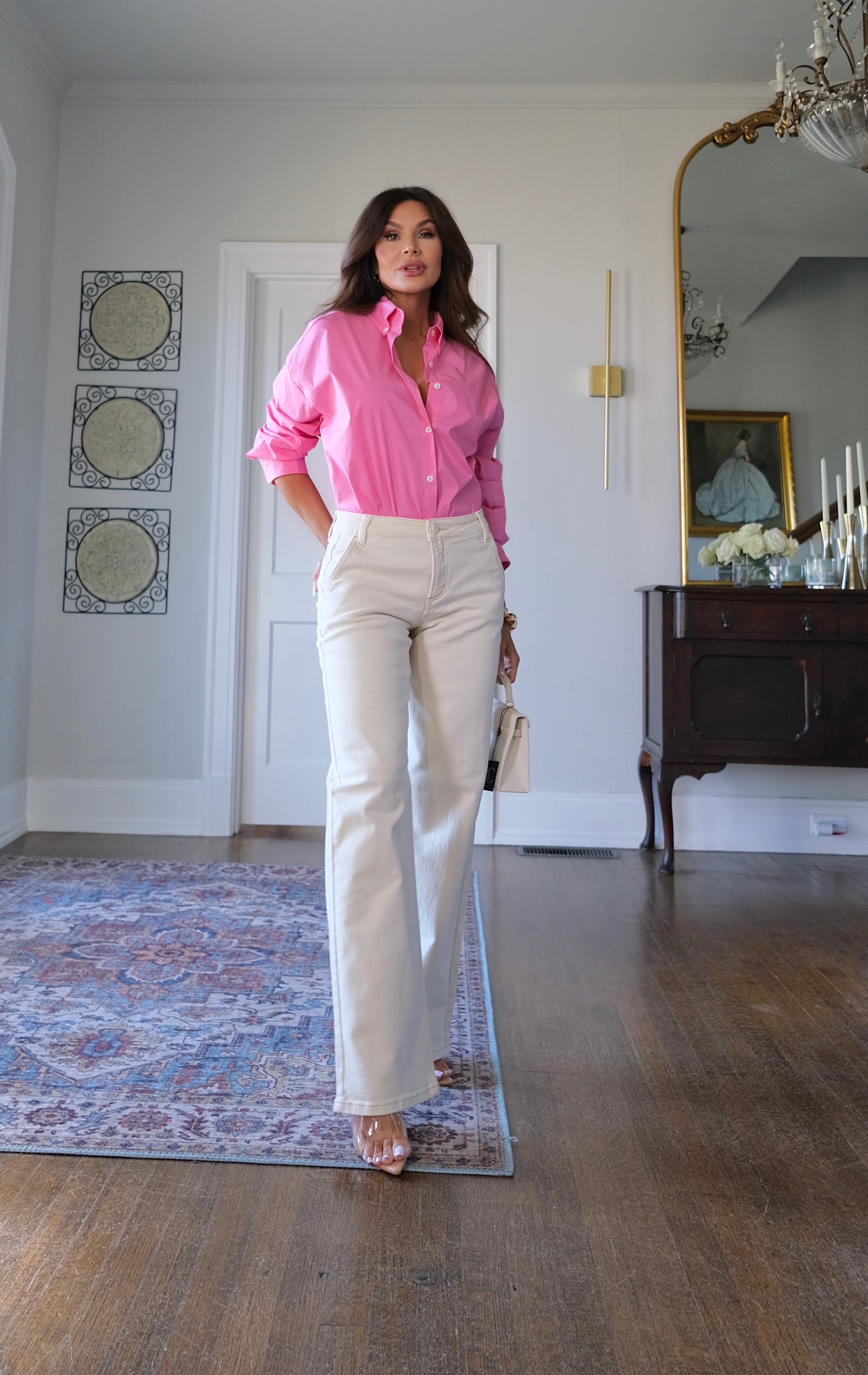 Wheatley cream mid rise wide leg pant with tan stitch