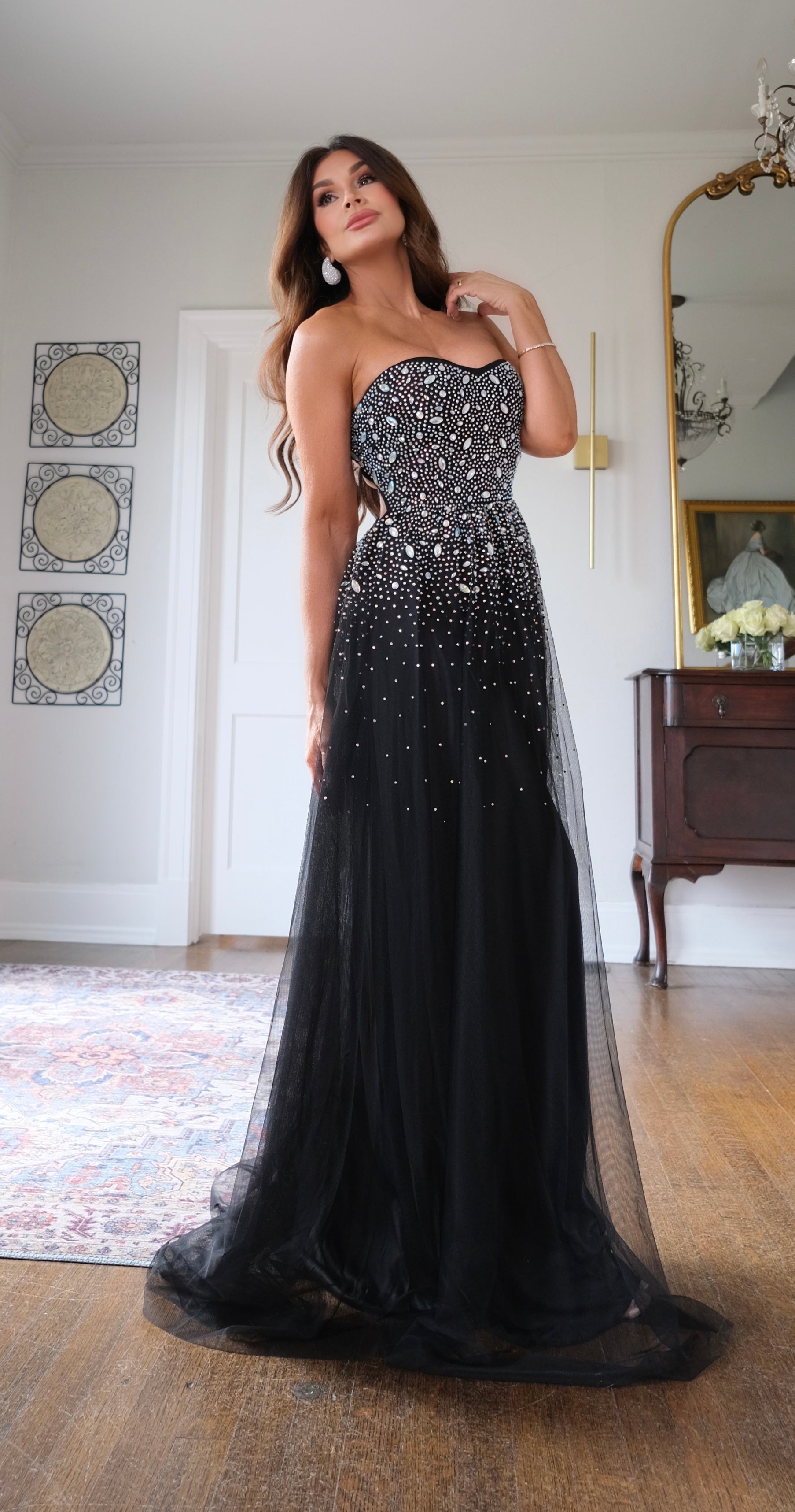 Dominque black glitter and rhinestone mesh maxi dress