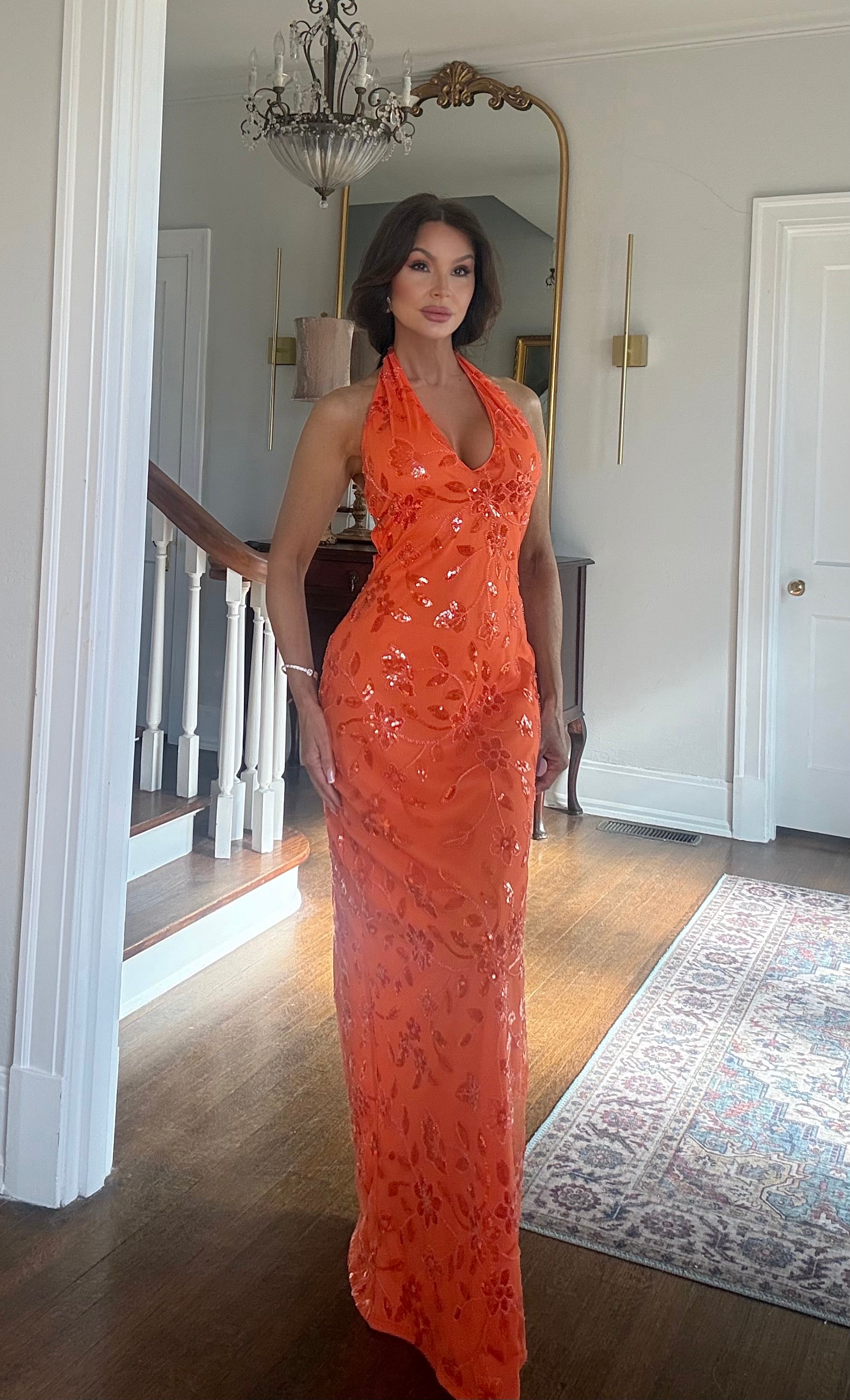 Olandria Orange Sequin Halter Backless Formal