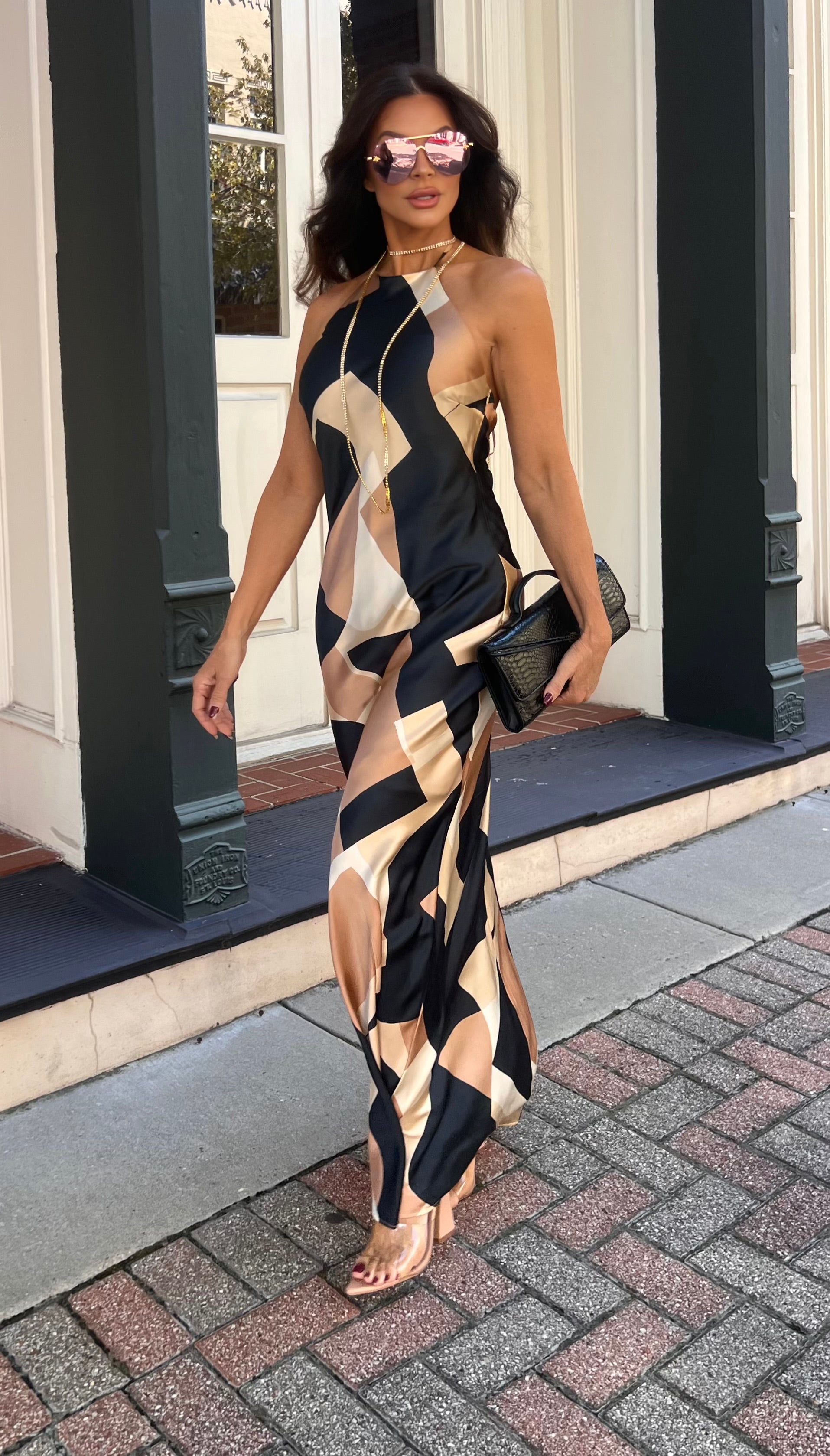 Paula Geo Satin Print Halter Midi Dress